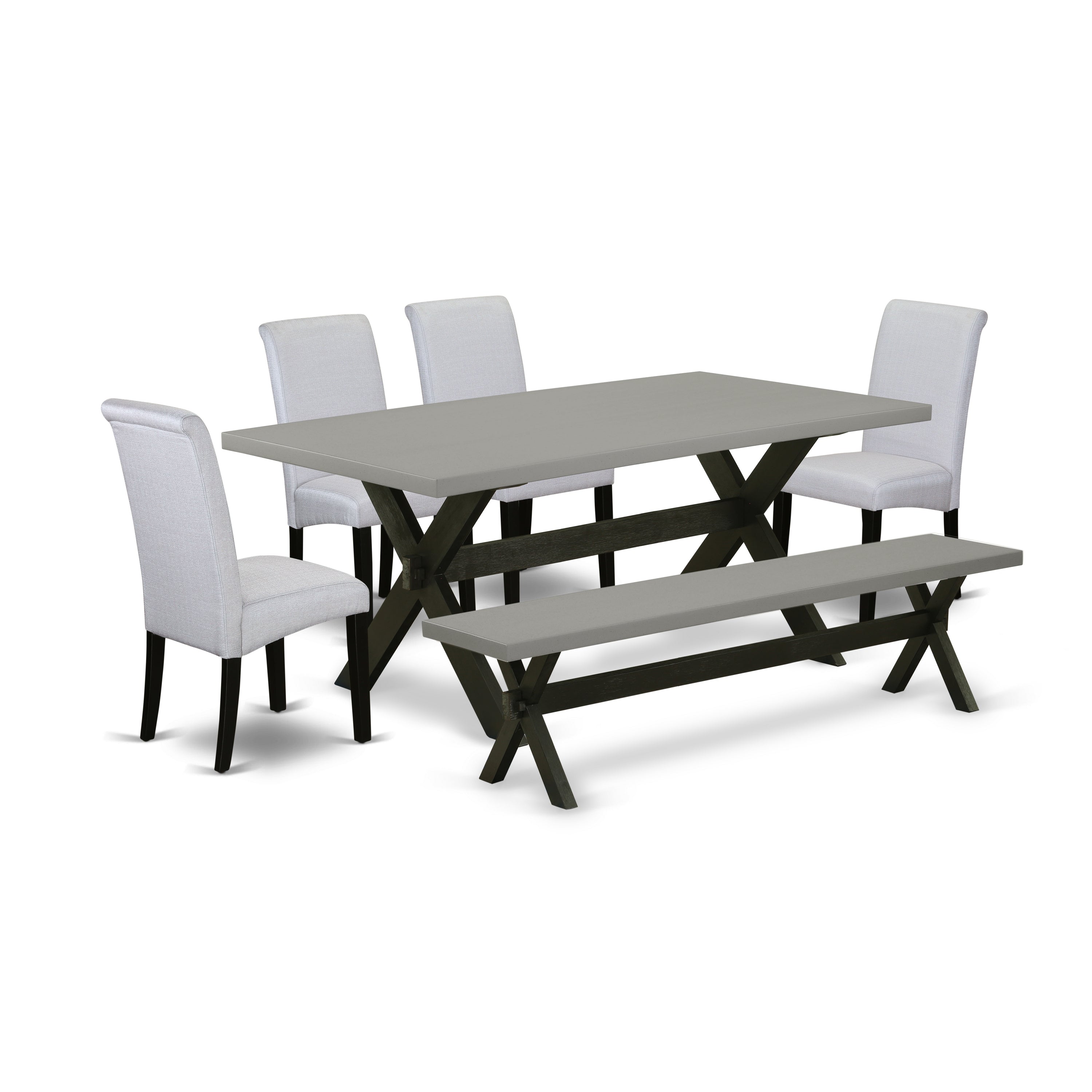 East West Furniture X697BA105-6 6 Piece Dining Room Table Set Contains a Cement Dining Table and a Dinning Bench, 4 Grey Linen Fabric Upholstered Chairs with High Back - Wire Brushed Black Finish