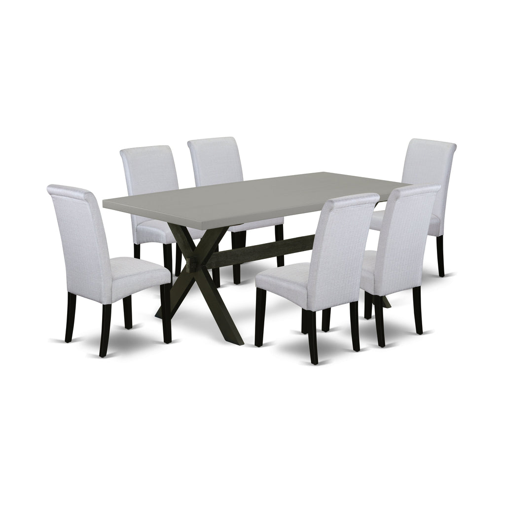 Juego de comedor de 7 piezas East West Furniture X697BA105-7 compuesto por una mesa de comedor rectangular con patas en forma de X y 6 sillas Parson tapizadas en tela de lino gris.