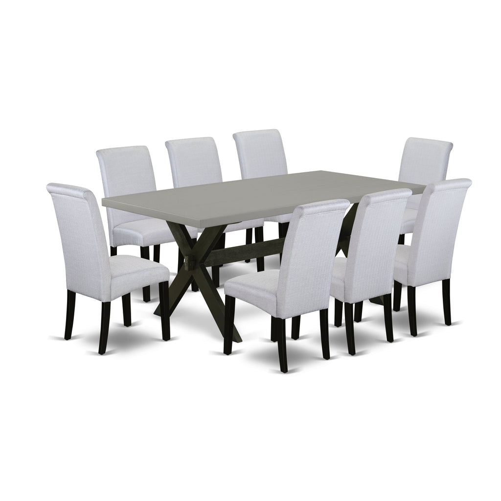El juego de mesa de cocina de 9 piezas East West Furniture X697BA105-9 incluye una mesa de comedor rectangular con patas en forma de X y 8 sillas de comedor Parson de tela de lino gris.