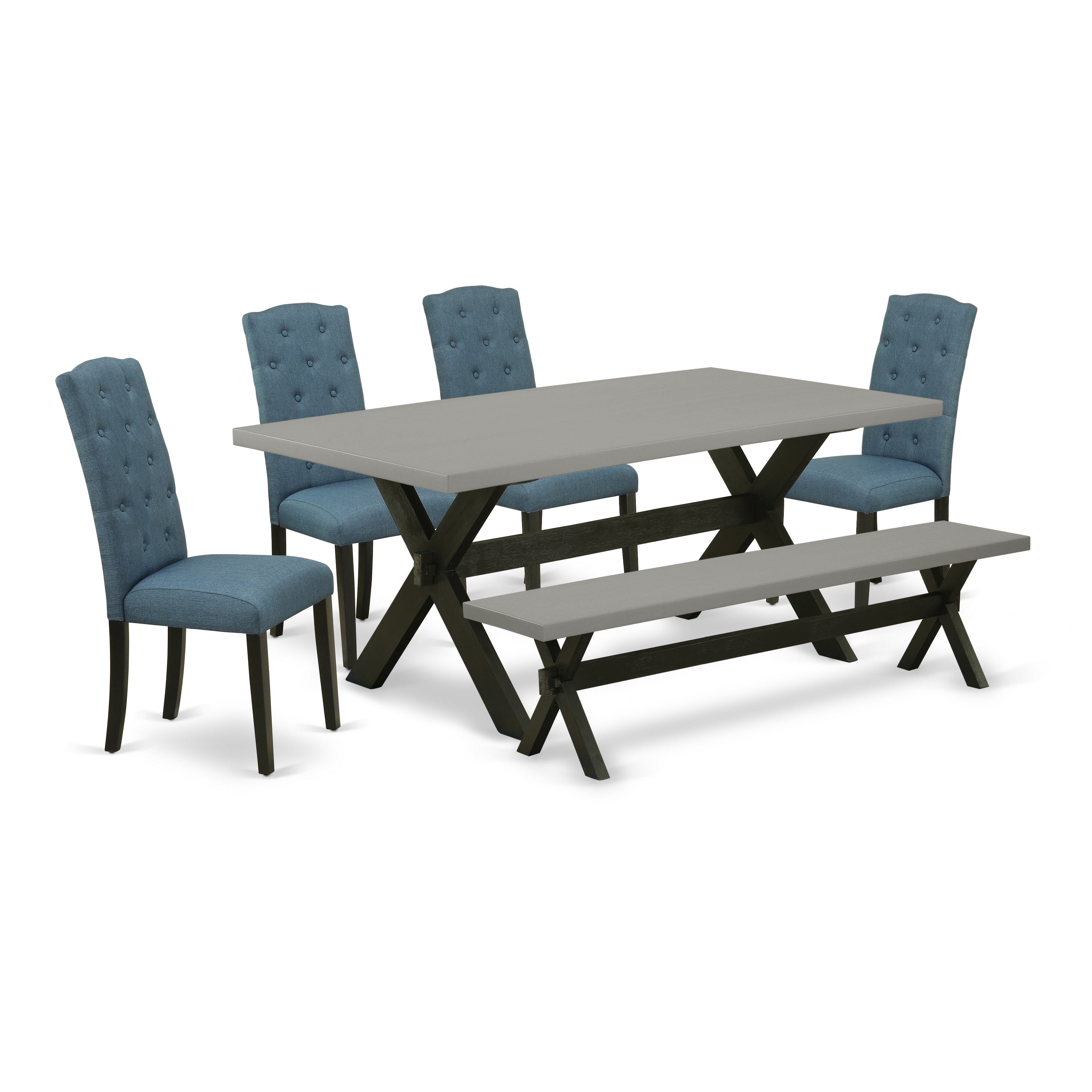 EAST WEST FURNITURE - X697CE121-6 - 6-Pc Dining Room Table Set - 4 Dining Padded Chairs, a Kitchen Bench and 1 Kitchen Dining Table (Wire Brushed Black Finish)