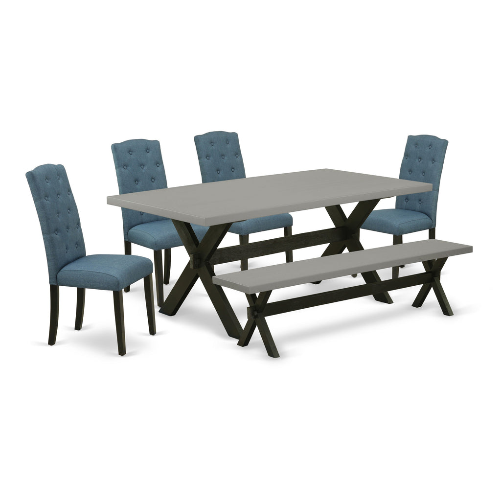 East West Furniture X697CE121-6 6 Piece Dining Table Set Contains a Rectangle Wooden Table with X-Legs and 4 Mineral Blue Linen Fabric Parson Chairs with a Bench, 40x72 Inch, Multi-Color