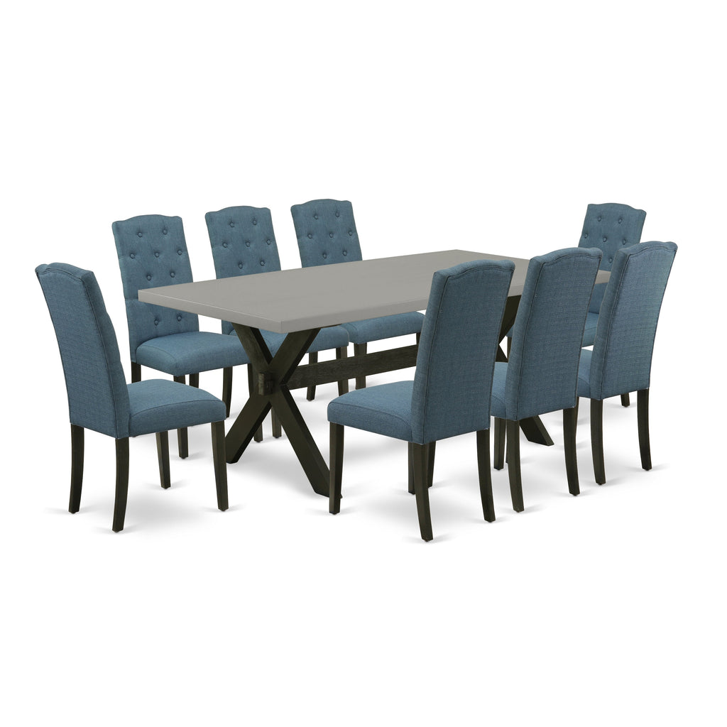 East West Furniture X697CE121-9 9 Piece Modern Dining Table Set Includes a Rectangle Wooden Table with X-Legs and 8 Mineral Blue Linen Fabric Upholstered Chairs