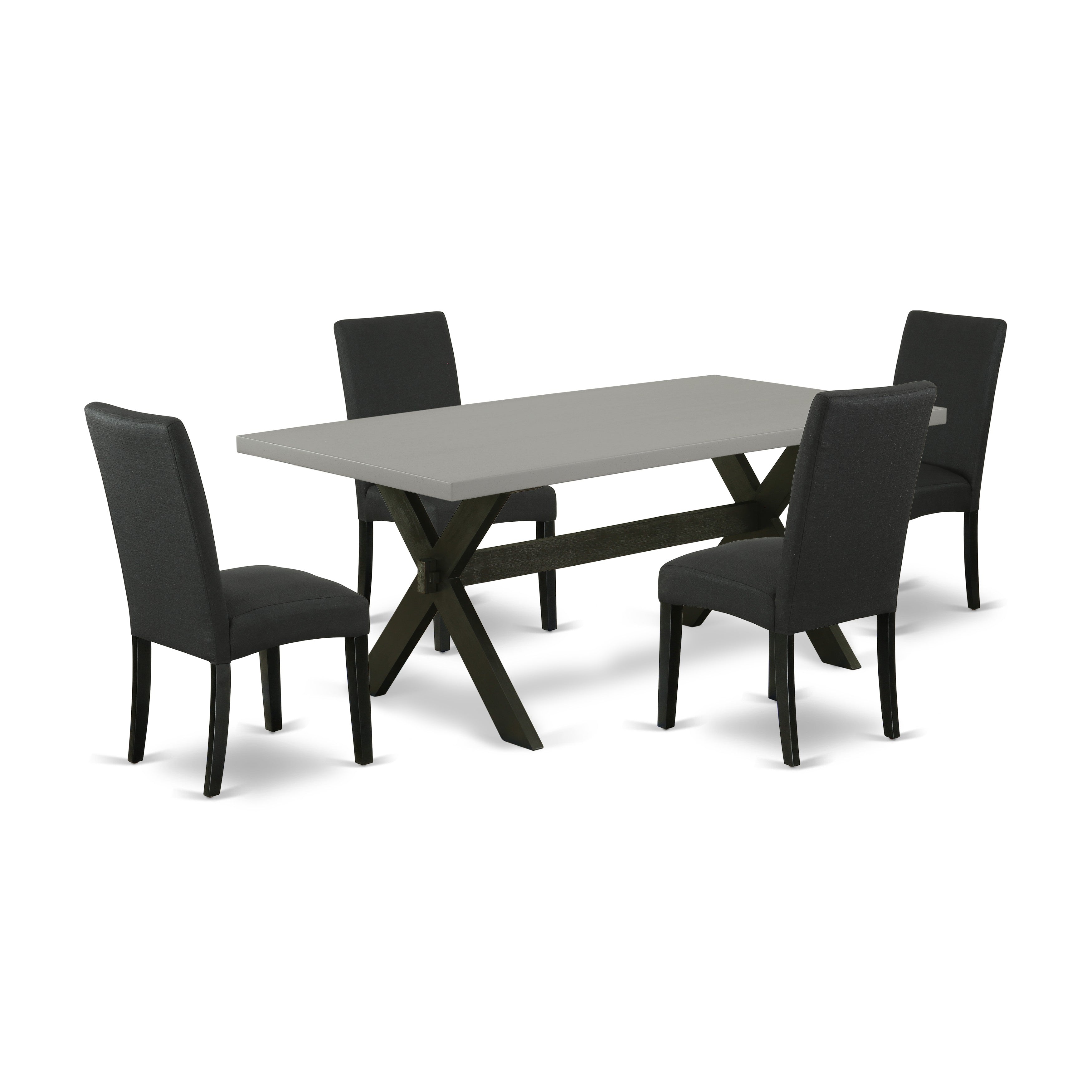 Juego de comedor de 5 piezas East West Furniture X697DR124-5. Incluye una mesa de comedor rectangular con patas en forma de X y 4 sillas tapizadas en tela de lino de color negro.