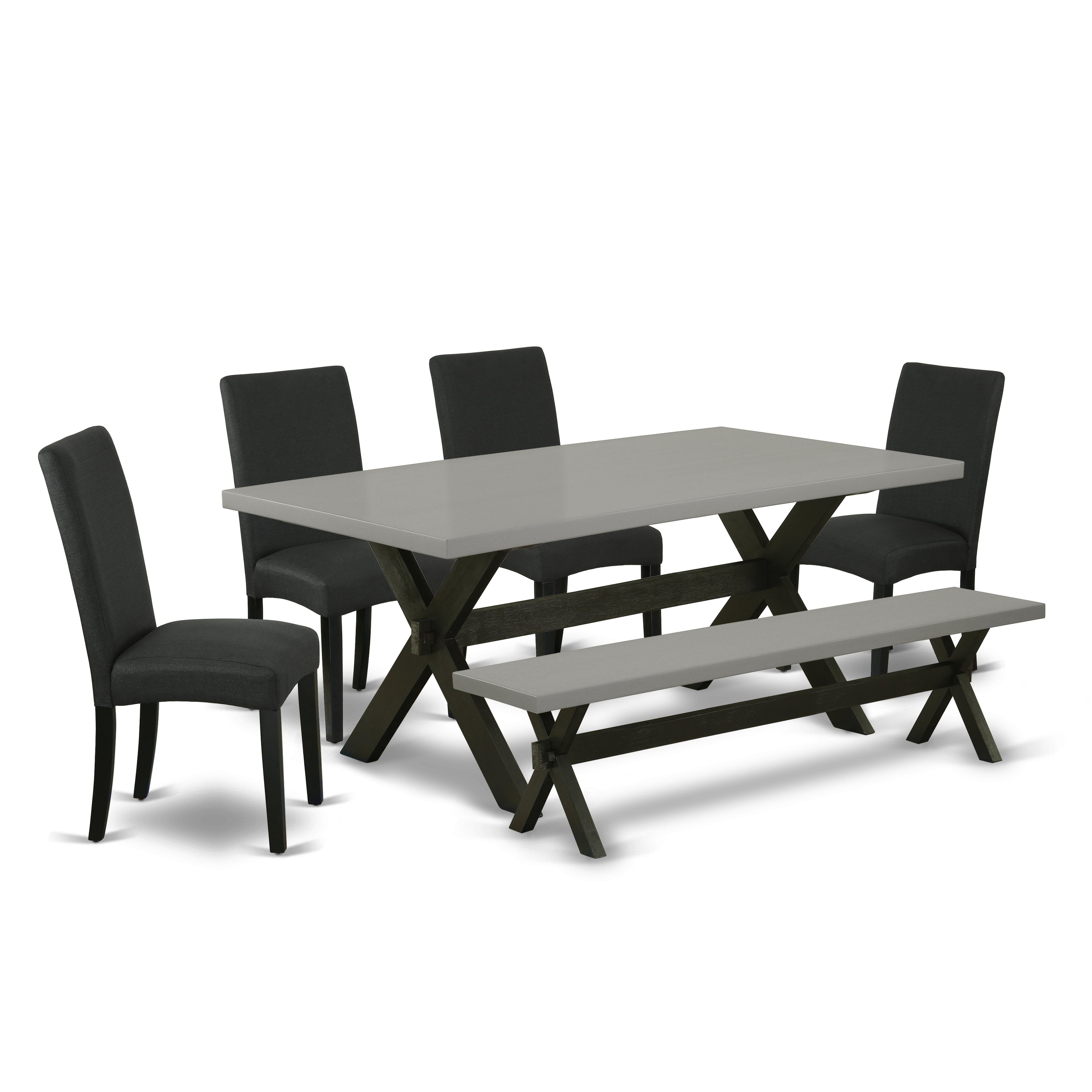 East West Furniture X697DR124-6 6-Pc Dining -Black Linen Fabric Seat and High Stylist Back Padded Parson Chairs, A Rectangular Bench and Rectangular top Dining Table with Wood Legs - Cement and Black Finish