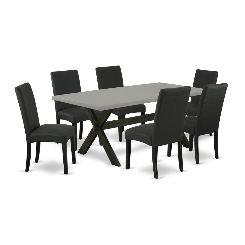 East West Furniture X697DR124-7 7 Piece Dinette Set Consist of a Rectangle Dining Room Table with X-Legs and 6 Black Color Linen Fabric Upholstered Parson Chairs