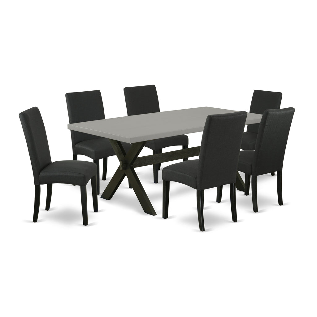 East West Furniture X697DR124-7 7 Piece Dinette Set Consist of a Rectangle Dining Room Table with X-Legs and 6 Black Color Linen Fabric Upholstered Parson Chairs, 40x72 Inch, Multi-Color