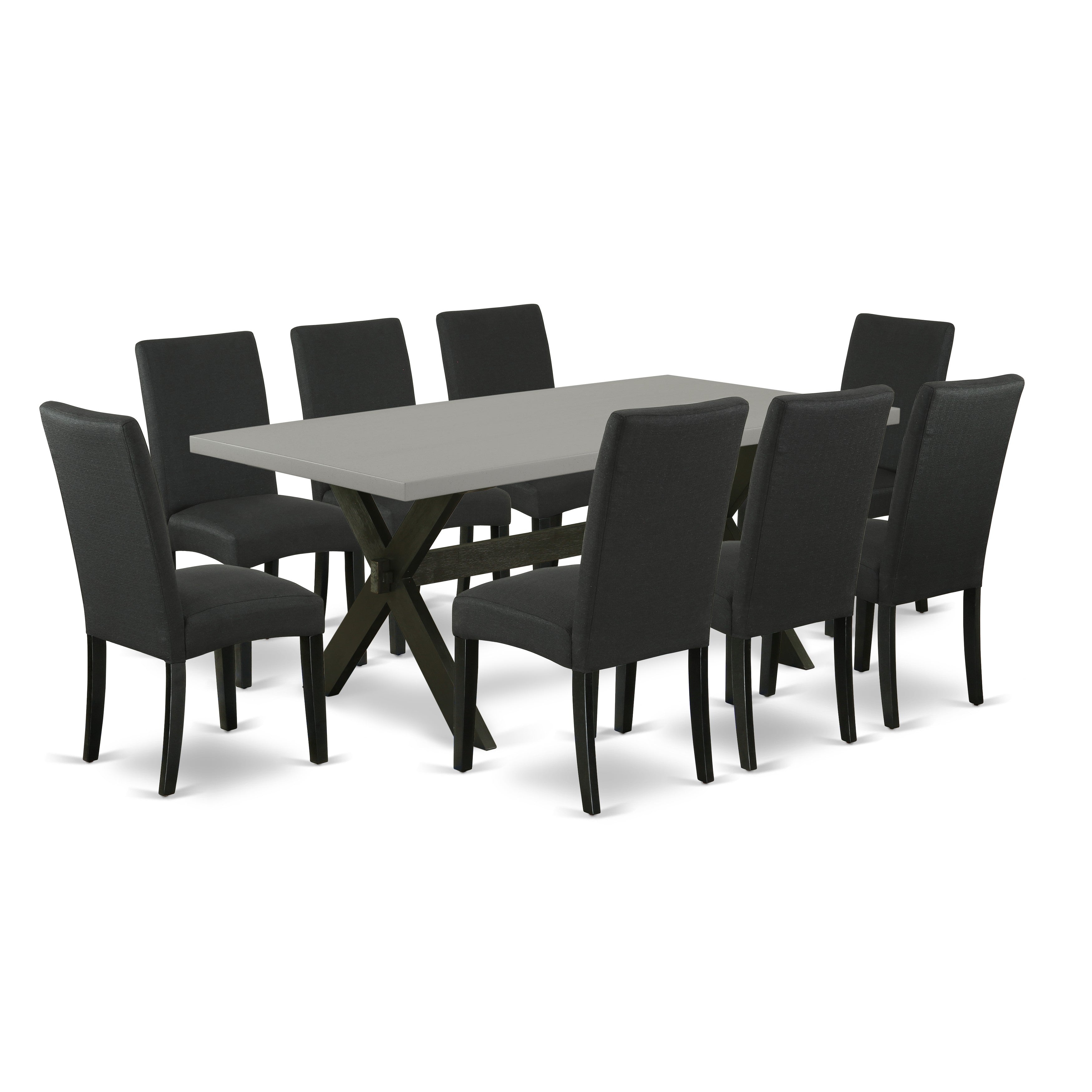East West Furniture X697DR124-9 9-Piece Modern Dining Table Set a Beautiful Cement Color Small Table top and 8 Beautiful Parson Dining Chair with High Stylish Chair Back, Wire Brushed Black Finish
