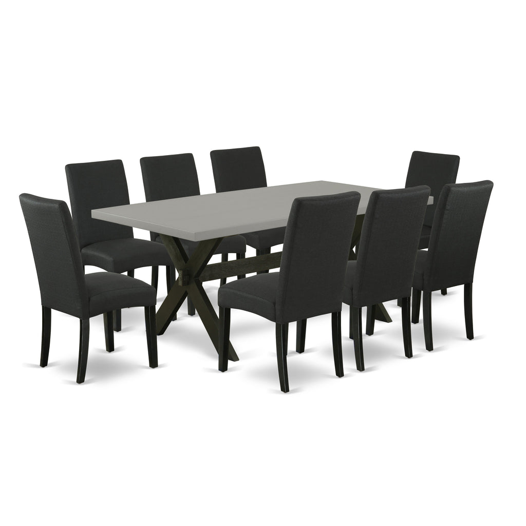East West Furniture X697DR124-9 9 Piece Modern Dining Table Set Includes a Rectangle Wooden Table with X-Legs and 8 Black Color Linen Fabric Upholstered Chairs