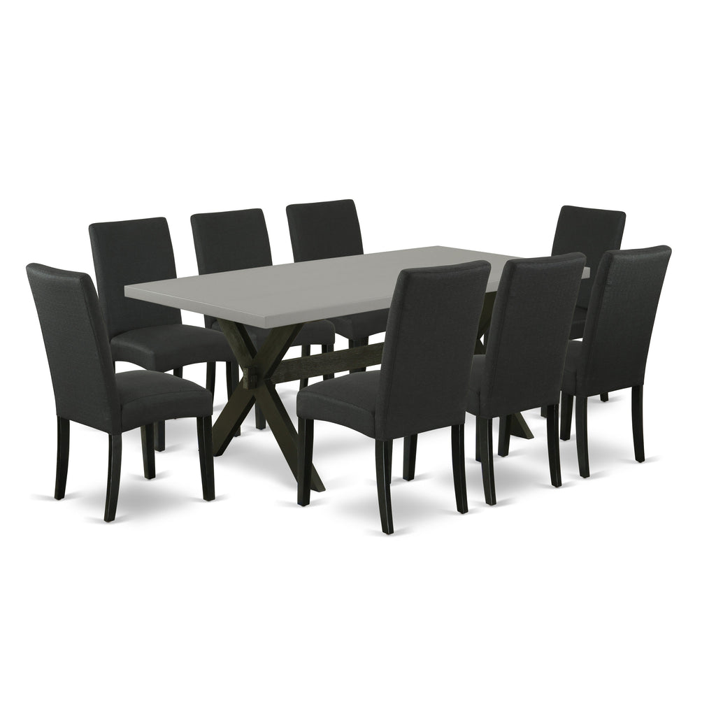 East West Furniture X697DR124-9 9 Piece Modern Dining Table Set Includes a Rectangle Wooden Table with X-Legs and 8 Black Color Linen Fabric Upholstered Chairs, 40x72 Inch, Multi-Color