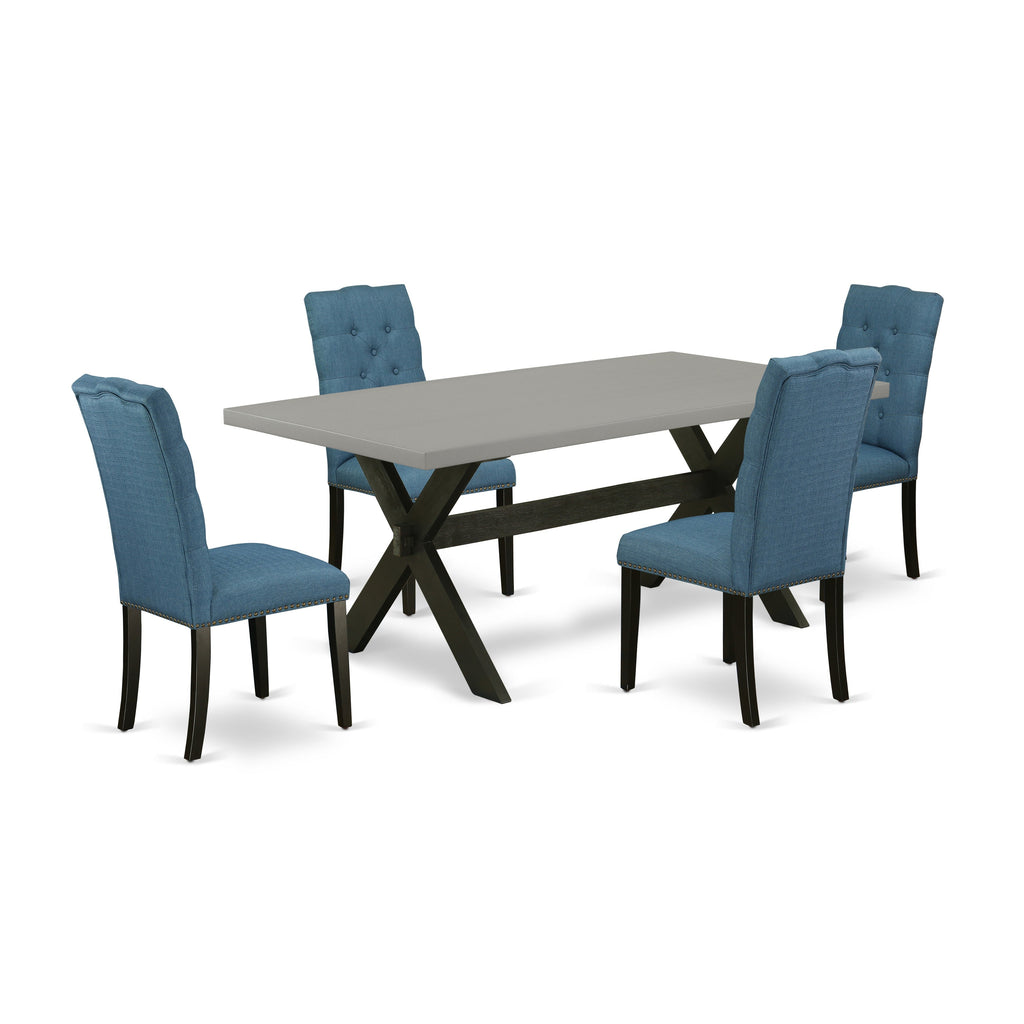 East West Furniture X697EL121-5 5 Piece Dining Room Table Set Includes a Rectangle Kitchen Table with X-Legs and 4 Blue Linen Fabric Parson Dining Chairs