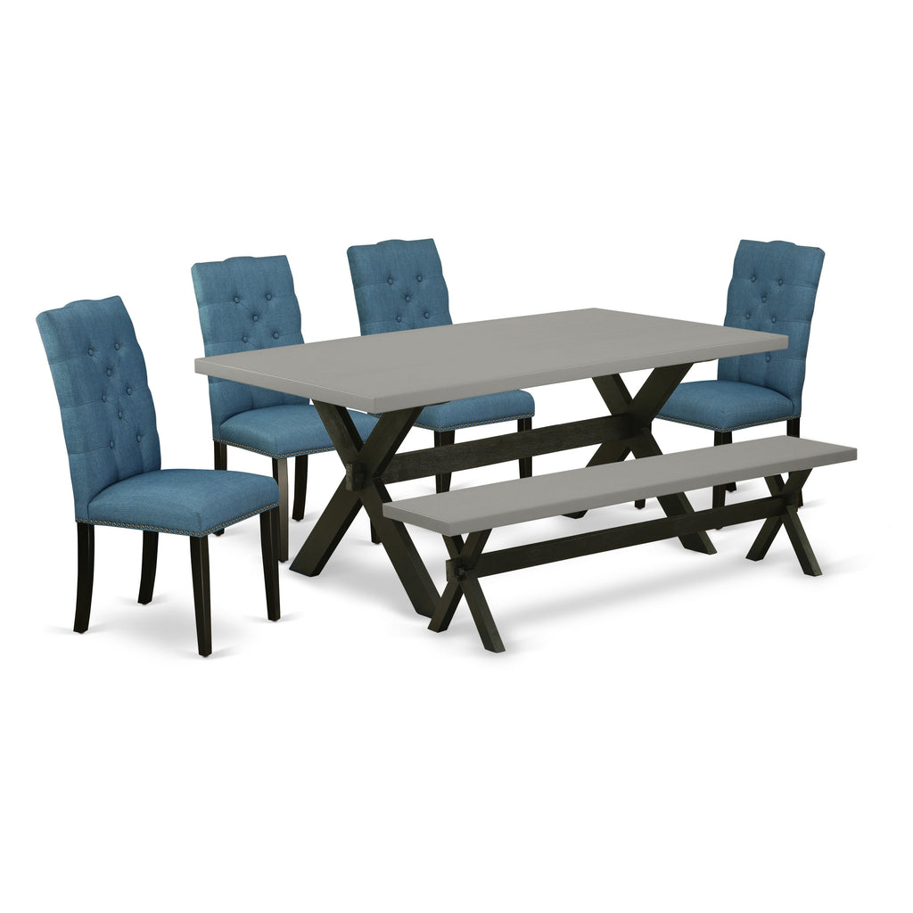 East West Furniture X697EL121-6 6 Piece Dining Set Contains a Rectangle Dining Room Table with X-Legs and 4 Blue Linen Fabric Parson Chairs with a Bench