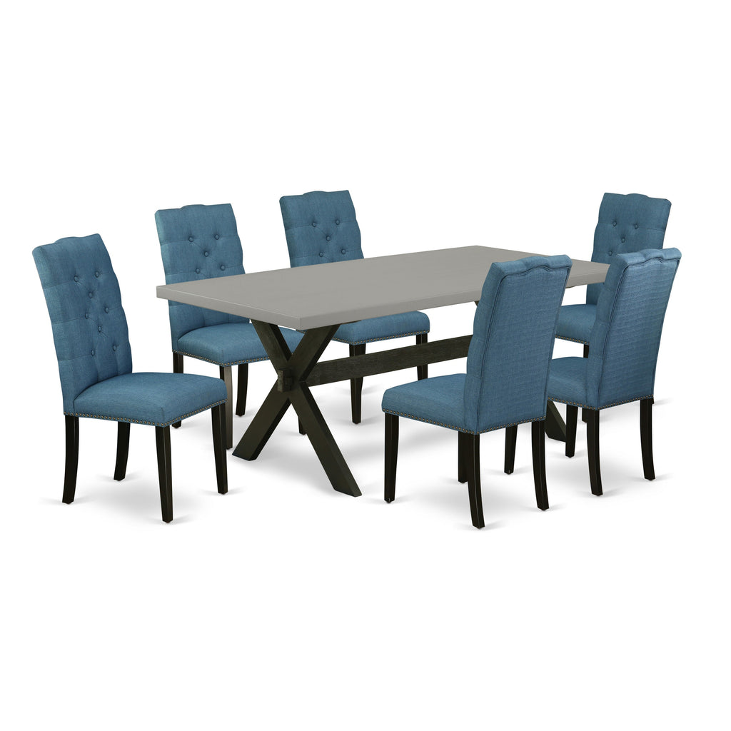 East West Furniture X697EL121-7 7 Piece Dining Table Set Consist of a Rectangle Dining Room Table with X-Legs and 6 Blue Linen Fabric Upholstered Chairs