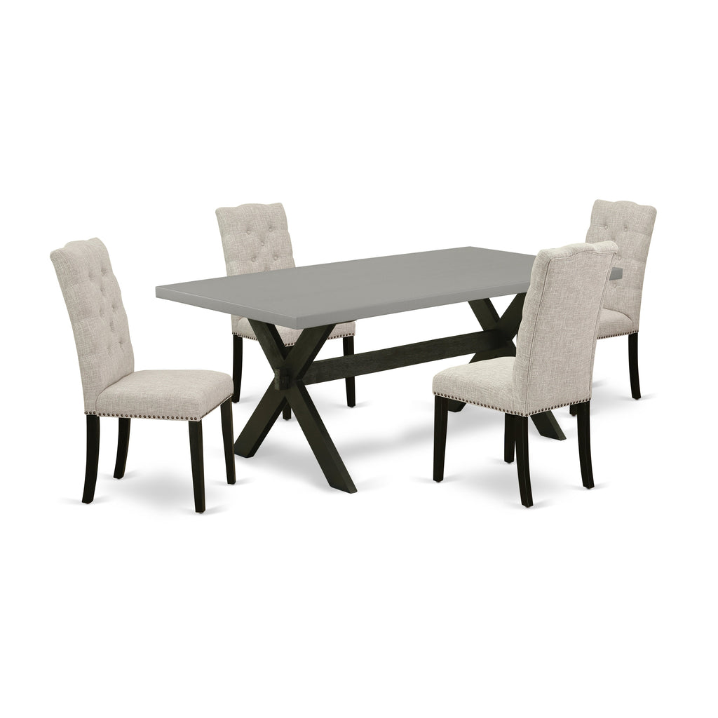 Juego de comedor de 5 piezas East West Furniture X697EL635-5. Incluye una mesa de comedor rectangular con patas en forma de X y 4 sillas Parson tapizadas en tela de lino y piel de venado.
