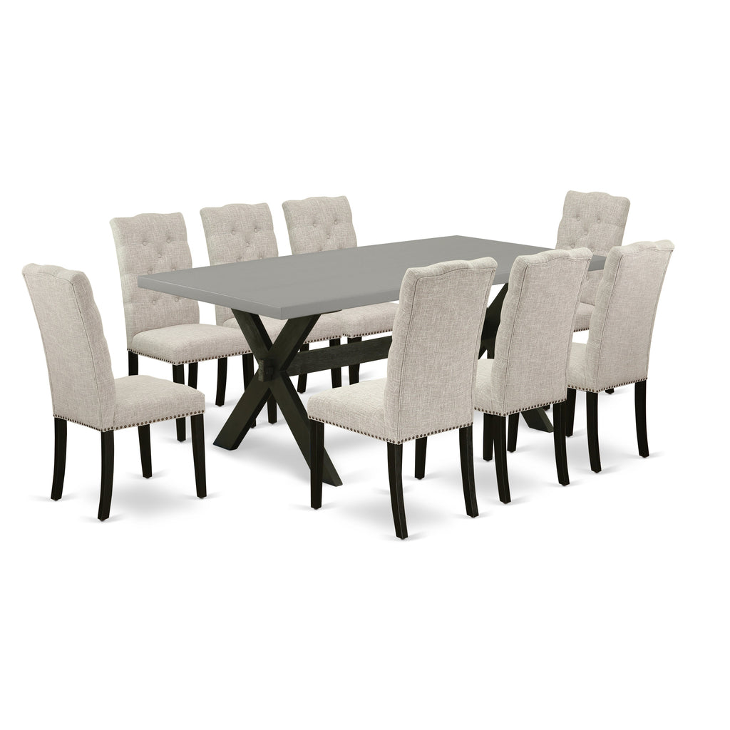 East West Furniture X697EL635-9 9 Piece Dining Set Includes a Rectangle Dining Room Table with X-Legs and 8 Doeskin Linen Fabric Upholstered Parson Chairs, 40x72 Inch, Multi-Color