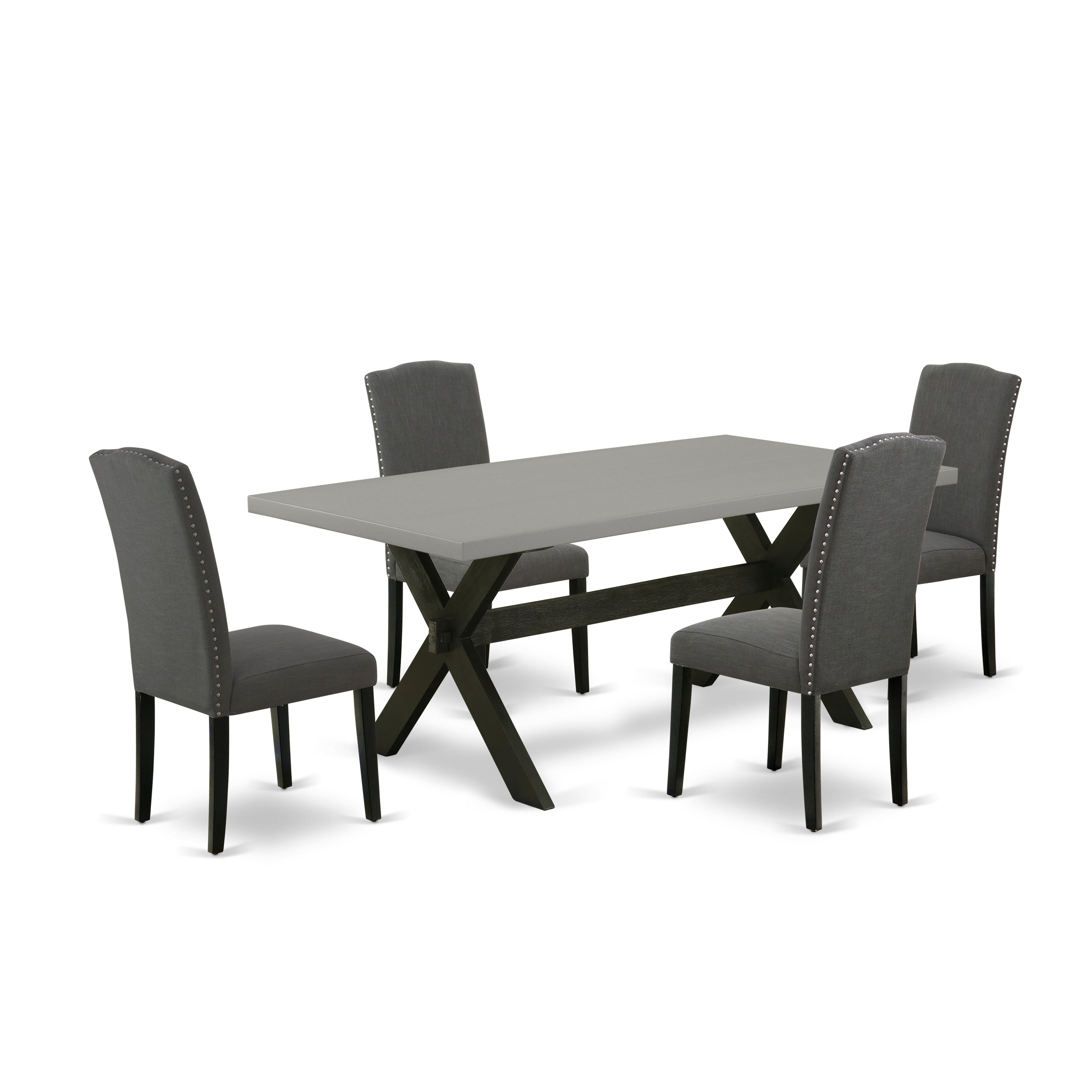 East West Furniture X697EN120-5 5-Piece Dining room Table SetIncluded 4 Parson Dining chairs Upholstered Nails Head Seat and Stylish Chair Back and Rectangular dining table with Cement Color rectangular Dining Table top (Black Finish)