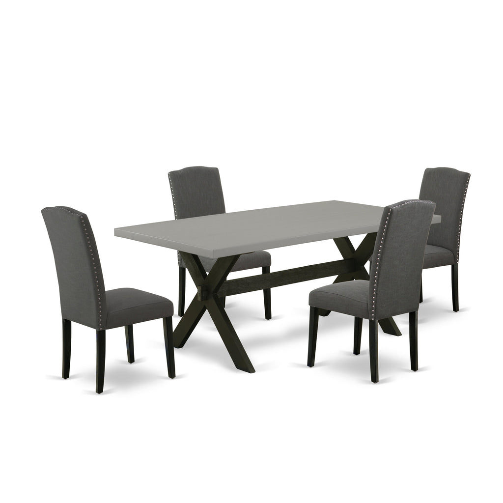 East West Furniture X697EN120-5 5 Piece Dining Room Table Set Includes a Rectangle Dining Table with X-Legs and 4 Dark Gotham Linen Fabric Upholstered Chairs