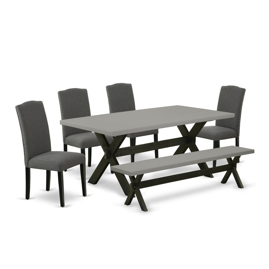East West Furniture X697EN120-6 6 Piece Dining Table Set Contains a Rectangle Dining Room Table and 4 Dark Gotham Linen Fabric Parson Chairs with a Bench, 40x72 Inch, Multi-Color
