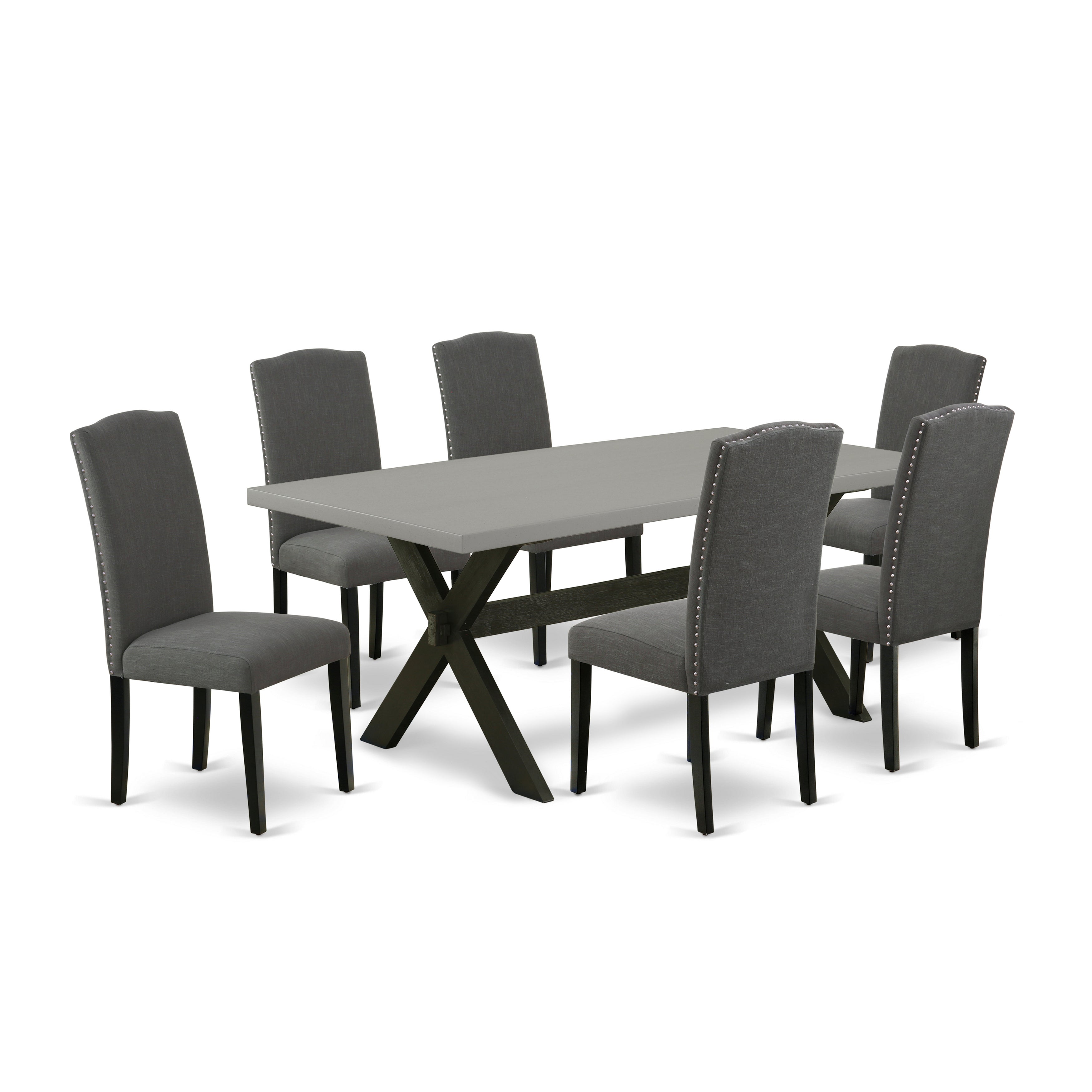 East West Furniture X697EN120-7 7-Pc rectangular Dinette Set a beautiful Cement Color Small Dining Table top and 6 Wonderful Parson chairs with Nail Heads and Wire Brushed Black Finish