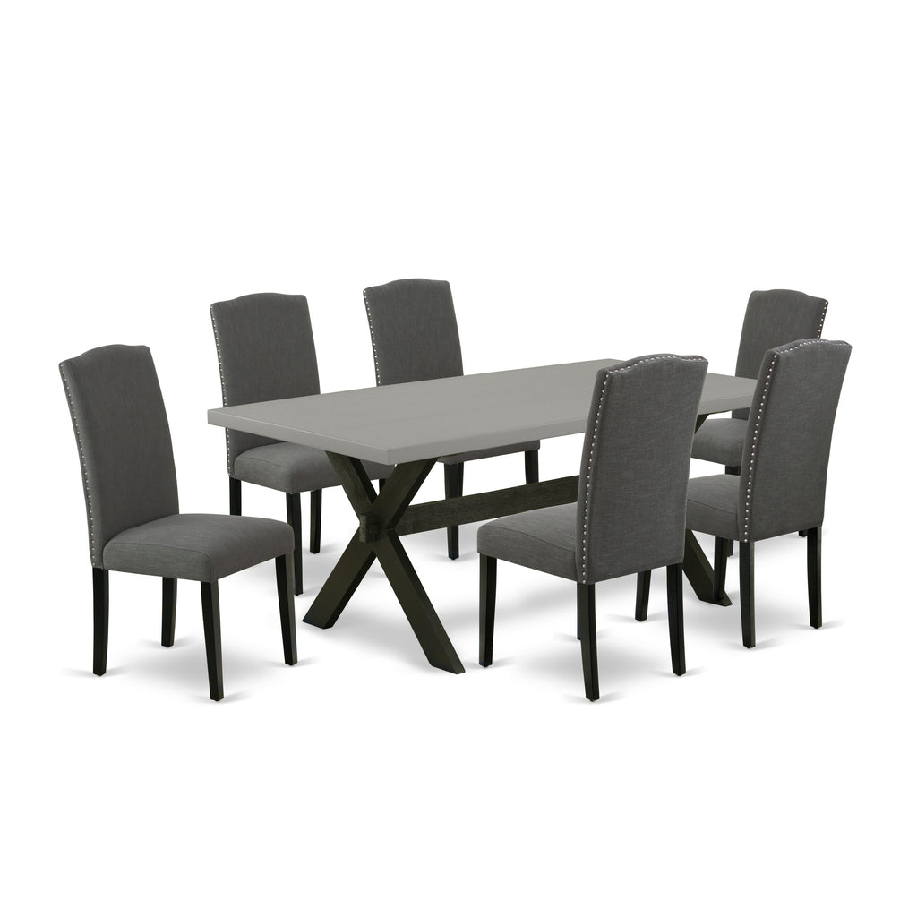 East West Furniture X697EN120-7 7 Piece Dining Room Furniture Set Consist of a Rectangle Dining Table with X-Legs and 6 Dark Gotham Linen Fabric Upholstered Chairs
