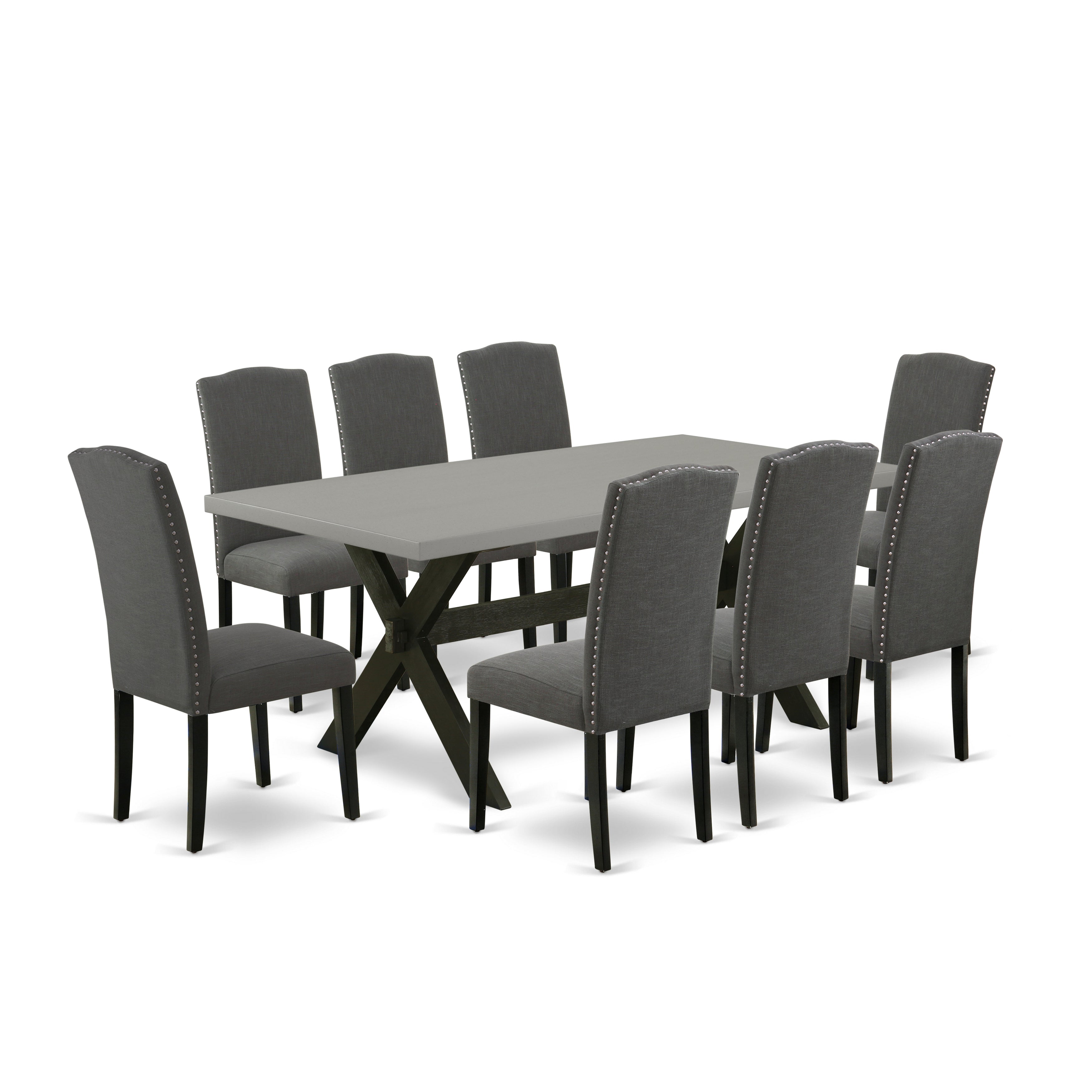 Juego de comedor East West Furniture X697EN120-9 de 9 piezas. Incluye una mesa de cocina rectangular con patas en forma de X y 8 sillas de comedor Parsons de tela de lino Gotham oscuro.