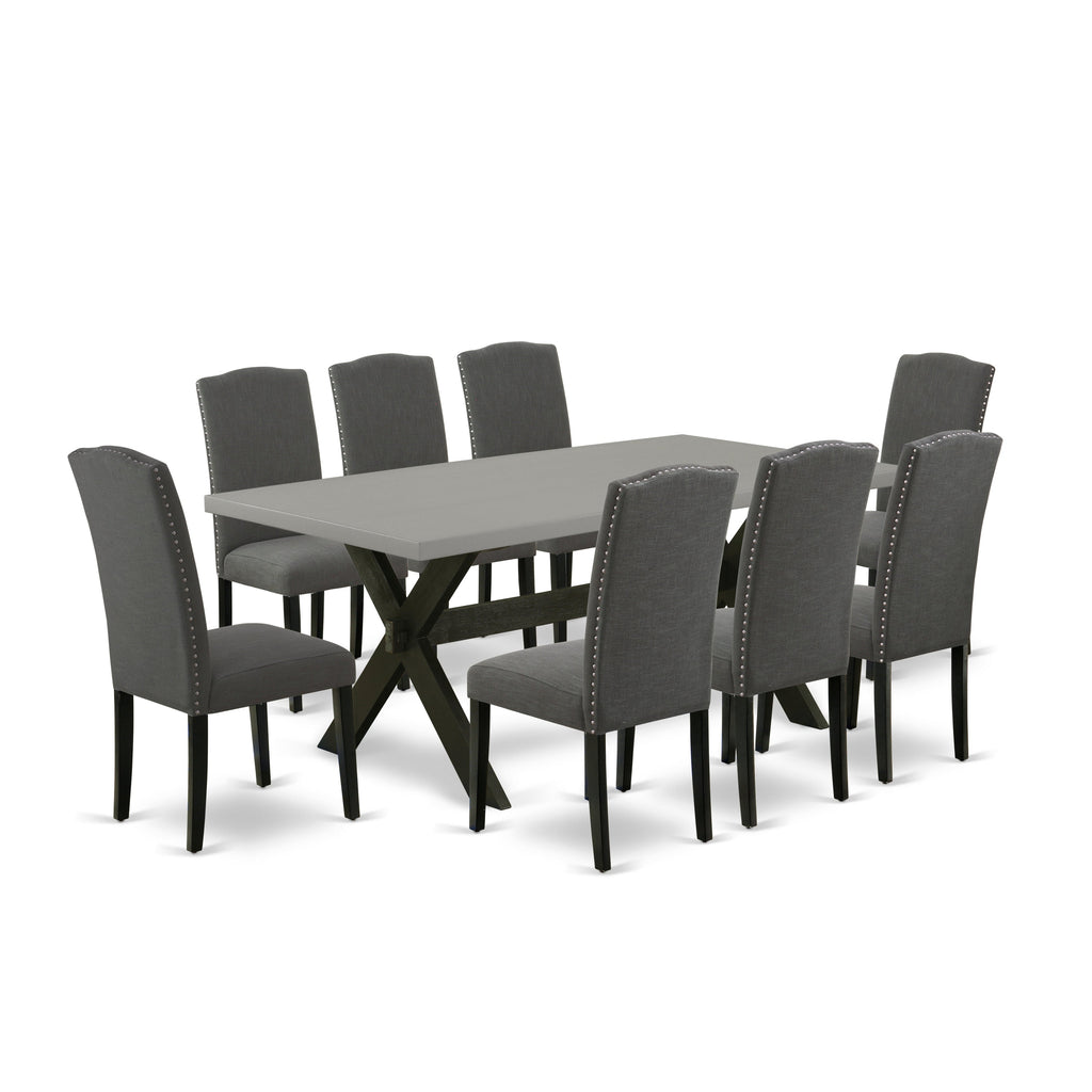 East West Furniture X697EN120-9 9 Piece Dining Room Set Includes a Rectangle Kitchen Table with X-Legs and 8 Dark Gotham Linen Fabric Parsons Dining Chairs