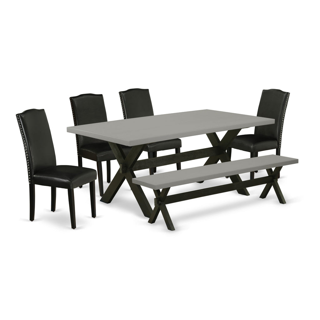 East West Furniture X697EN169-6 6 Piece Dining Table Set Contains a Rectangle Dining Room Table with X-Legs and 4 Black Faux Leather Parson Chairs with a Bench