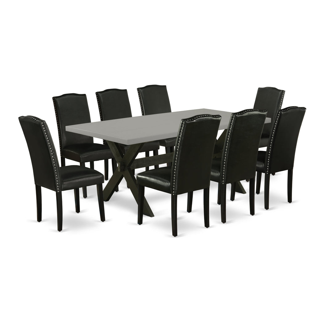 East West Furniture X697EN169-9 9 Piece Dining Room Set Includes a Rectangle Kitchen Table with X-Legs and 8 Black Faux Leather Upholstered Parson Chairs