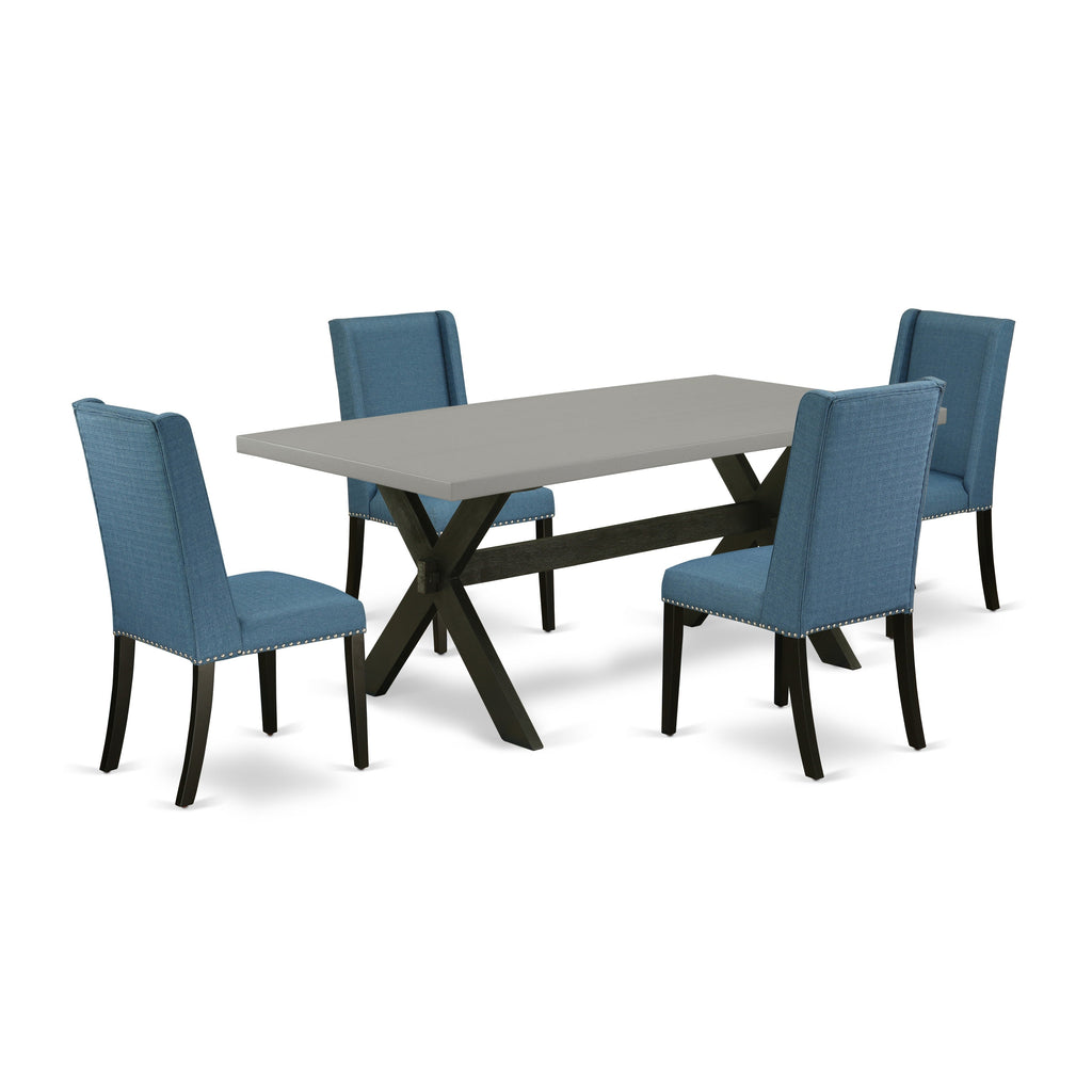 Juego de mesa y sillas de cocina de 5 piezas East West Furniture X697FL121-5. Incluye una mesa de comedor rectangular con patas en forma de X y 4 sillas de comedor Parsons de tela de lino azul.