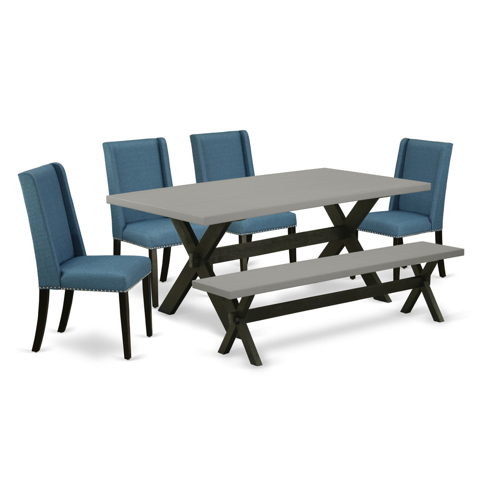 Juego de comedor de 6 piezas East West Furniture X697FL121-6. Contiene una mesa de comedor rectangular con patas en forma de X y 4 sillas tapizadas en tela de lino azul con un banco.