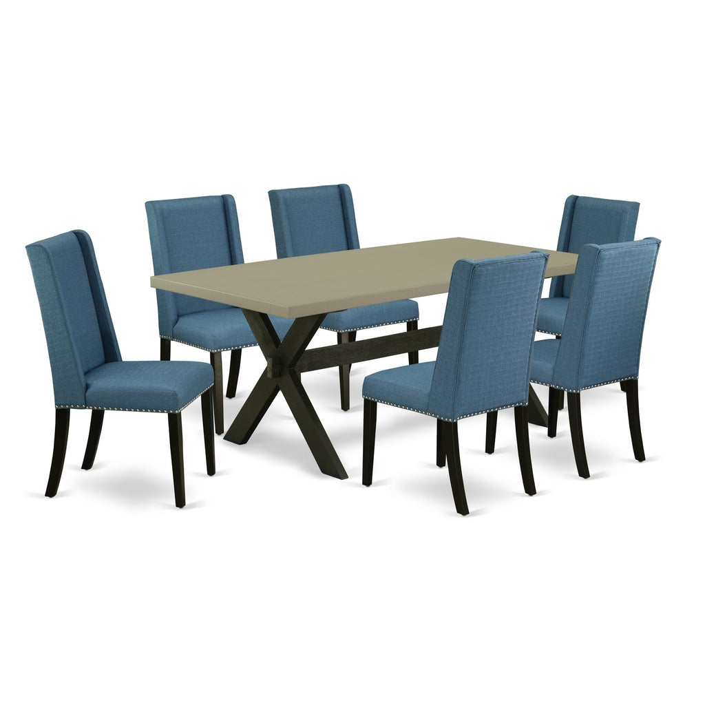 Juego de mesa y sillas de cocina de 7 piezas East West Furniture X697FL121-7. Incluye una mesa de comedor rectangular con patas en forma de X y 6 sillas Parsons de tela de lino azul.