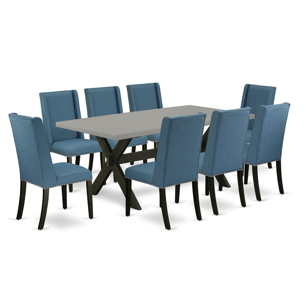 Juego de mesa de comedor moderna de 9 piezas East West Furniture X697FL121-9. Incluye una mesa de comedor rectangular con patas en forma de X y 8 sillas Parsons de tela de lino azul.