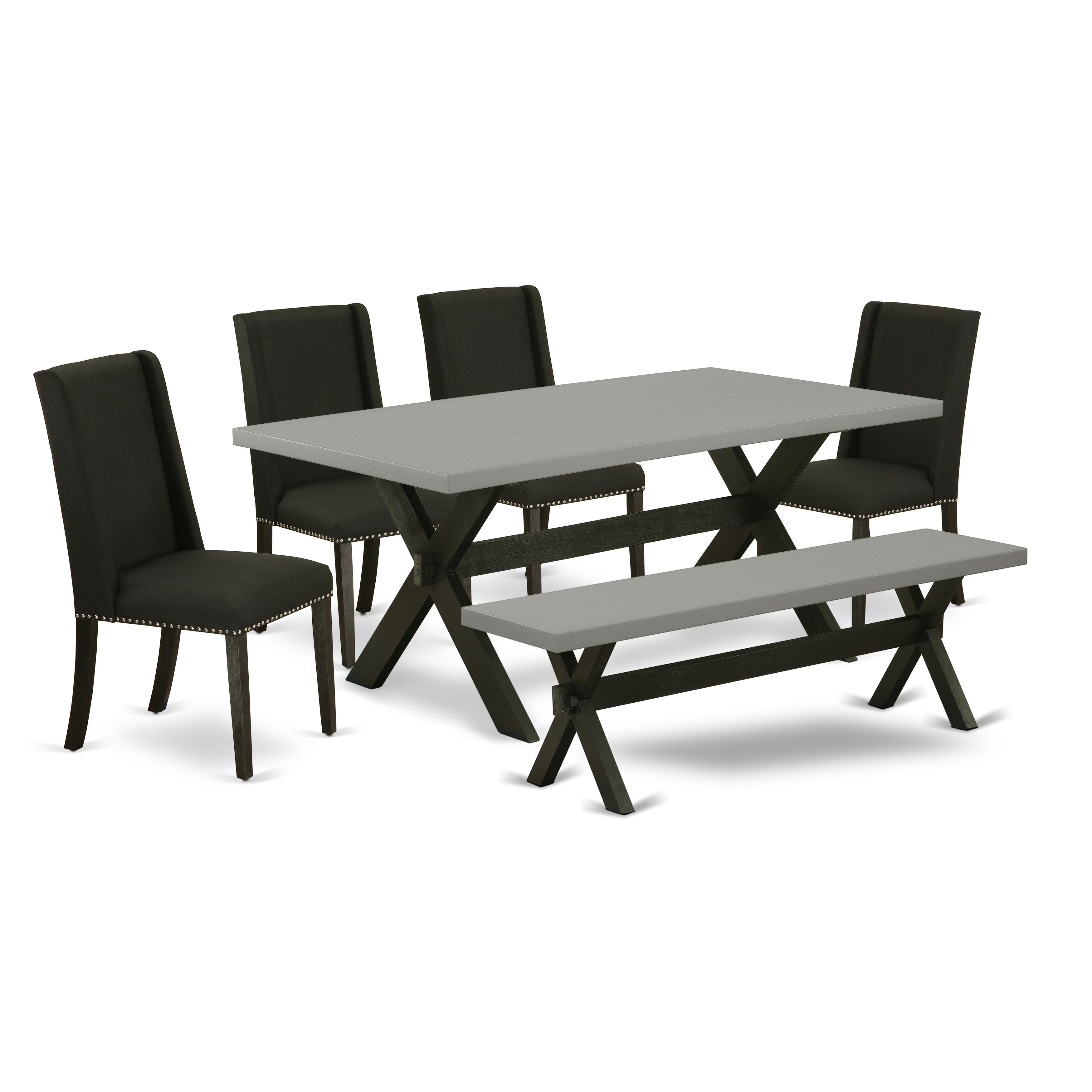 Juego de comedor de 6 piezas East West Furniture X697FL624-6. Contiene una mesa de comedor rectangular con patas en forma de X y 4 sillas Parson de tela de lino negro con un banco.