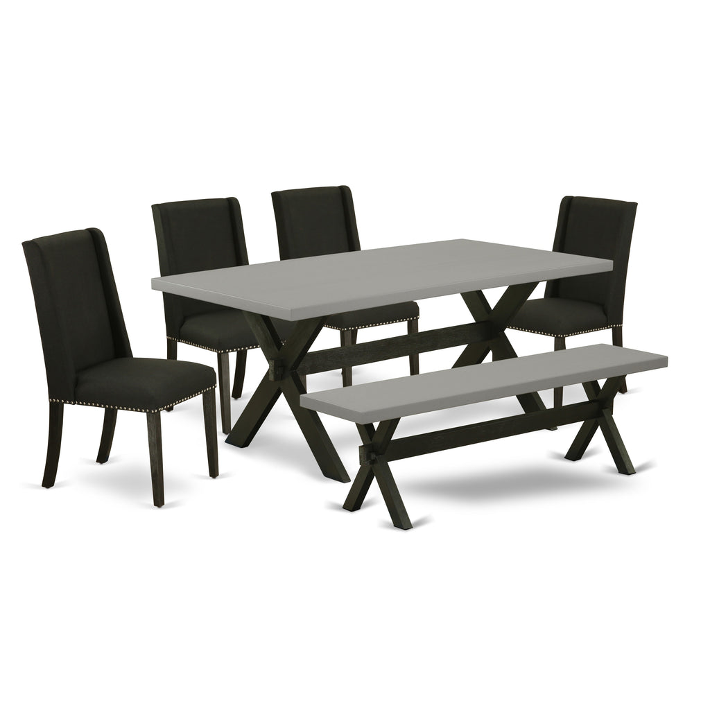 East West Furniture X697FL624-6 6 Piece Dinette Set Contains a Rectangle Dining Table with X-Legs and 4 Black Linen Fabric Parson Chairs with a Bench, 40x72 Inch, Multi-Color