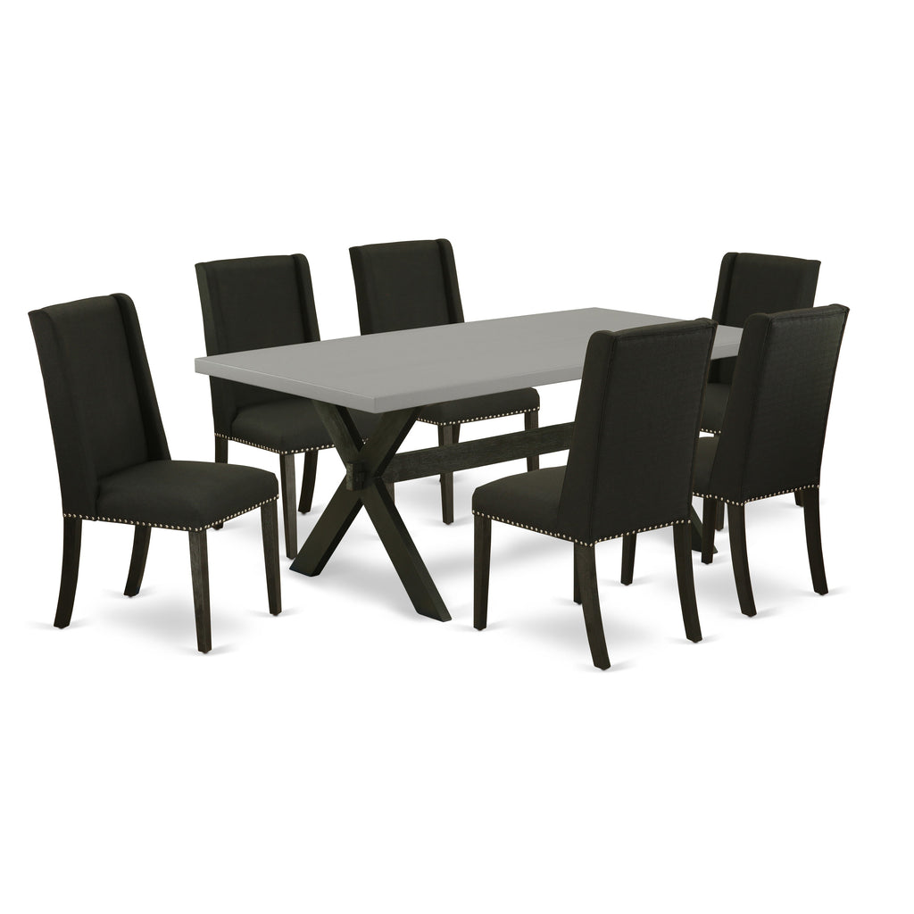 East West Furniture X697FL624-7 7 Piece Dining Room Furniture Set Consist of a Rectangle Dining Table with X-Legs and 6 Black Linen Fabric Parsons Chairs
