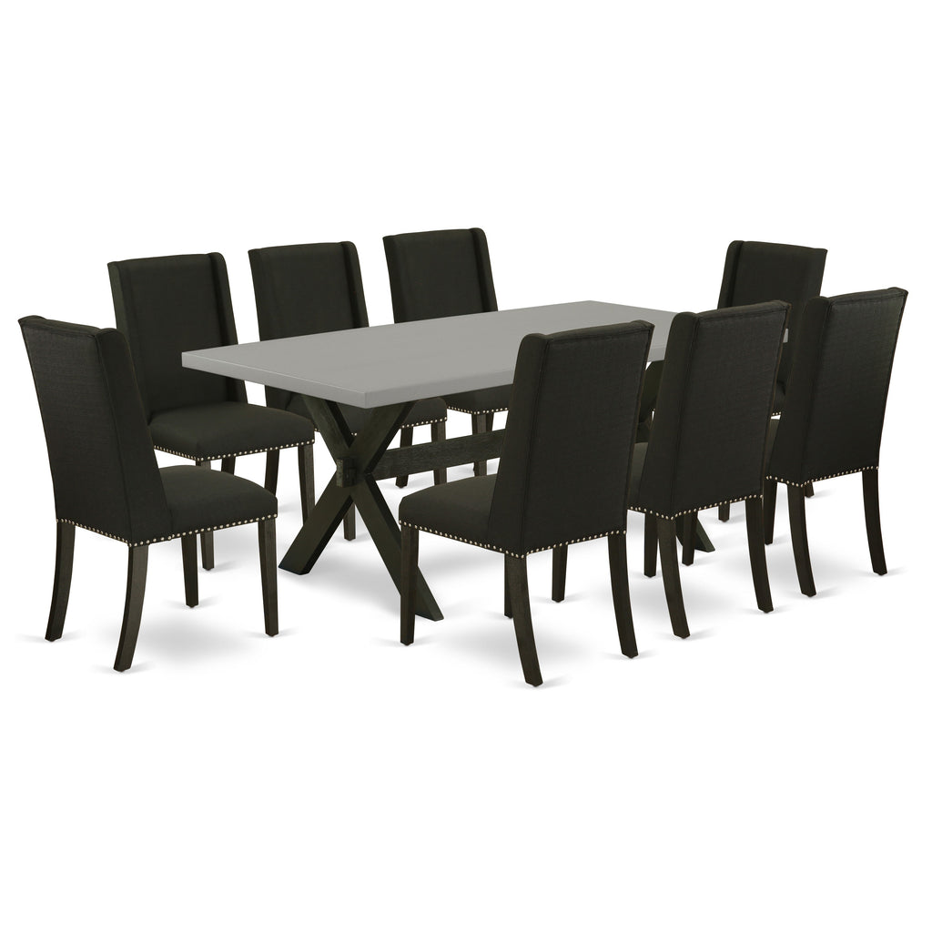 East West Furniture X697FL624-9 9 Piece Dining Room Furniture Set Includes a Rectangle Dining Table with X-Legs and 8 Black Linen Fabric Upholstered Chairs