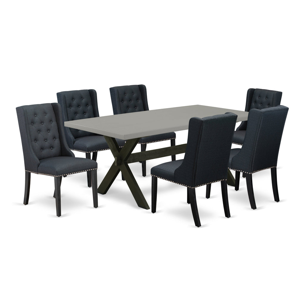East West Furniture X697FO624-7 7 Piece Dining Room Table Set Consist of a Rectangle Kitchen Table with X-Legs and 6 Black Linen Fabric Parsons Dining Chairs