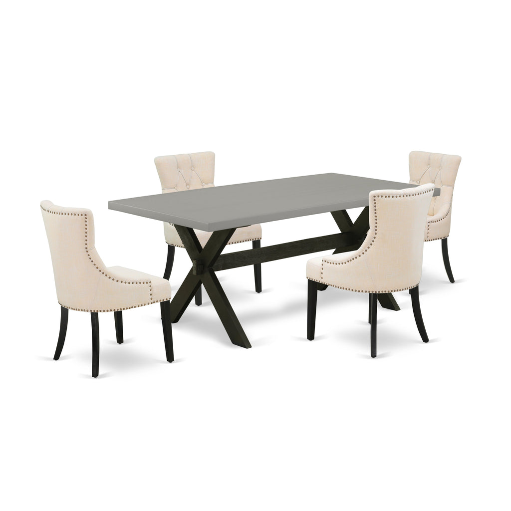 Juego de mesa de cocina de 5 piezas East West Furniture X697FR102-5 para 4 personas. Incluye una mesa de comedor rectangular con patas en forma de X y 4 sillas tapizadas en tela de lino beige claro.
