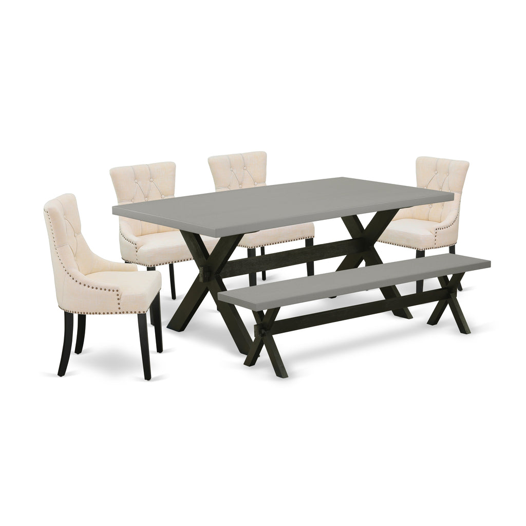 Juego de mesa de comedor de 6 piezas East West Furniture X697FR102-6. Contiene una mesa de cocina rectangular con patas en forma de X y 4 sillas Parson de tela de lino beige claro con un banco.