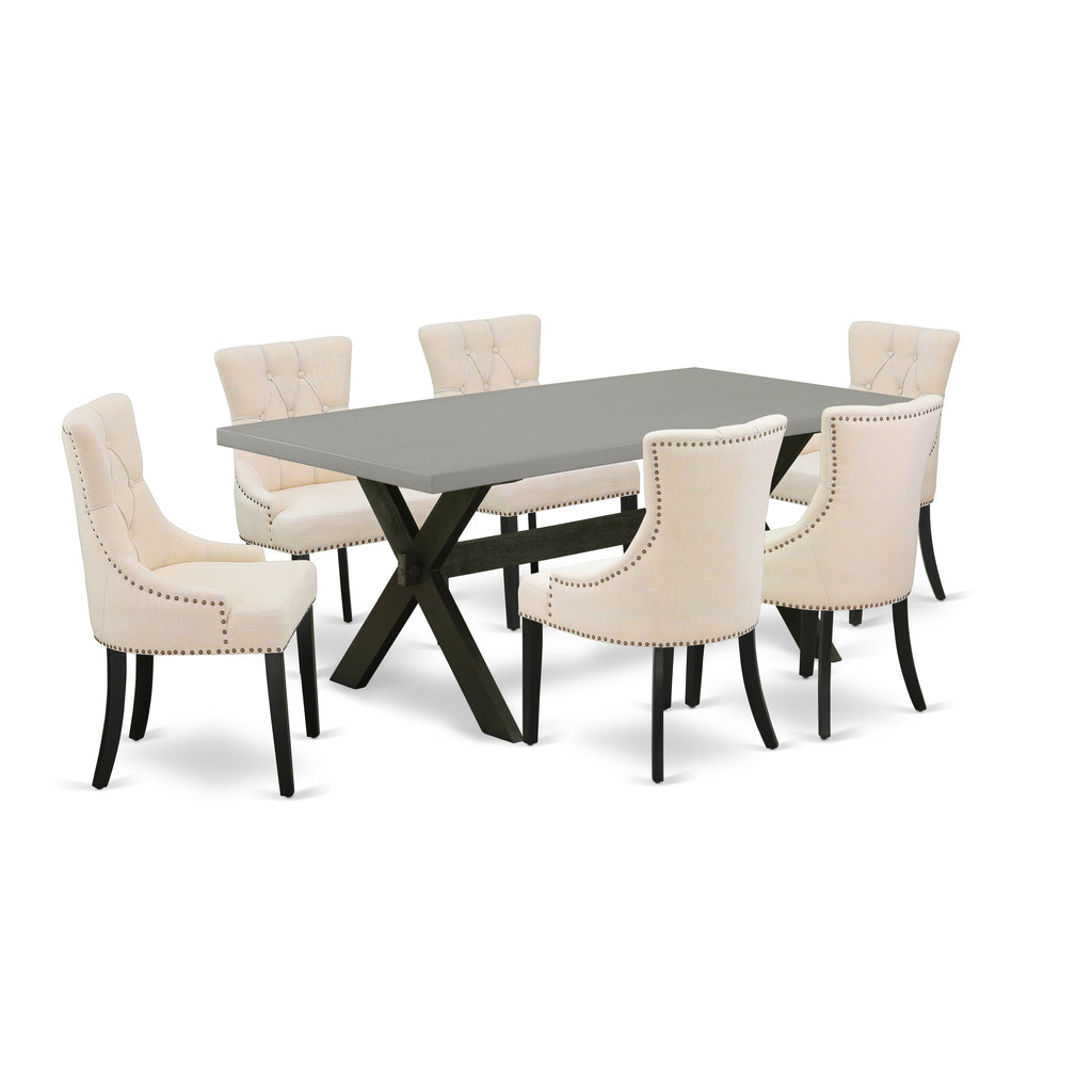 Juego de comedor de 7 piezas East West Furniture X697FR102-7 compuesto por una mesa de comedor rectangular con patas en forma de X y 6 sillas de comedor Parson de tela de lino beige claro.