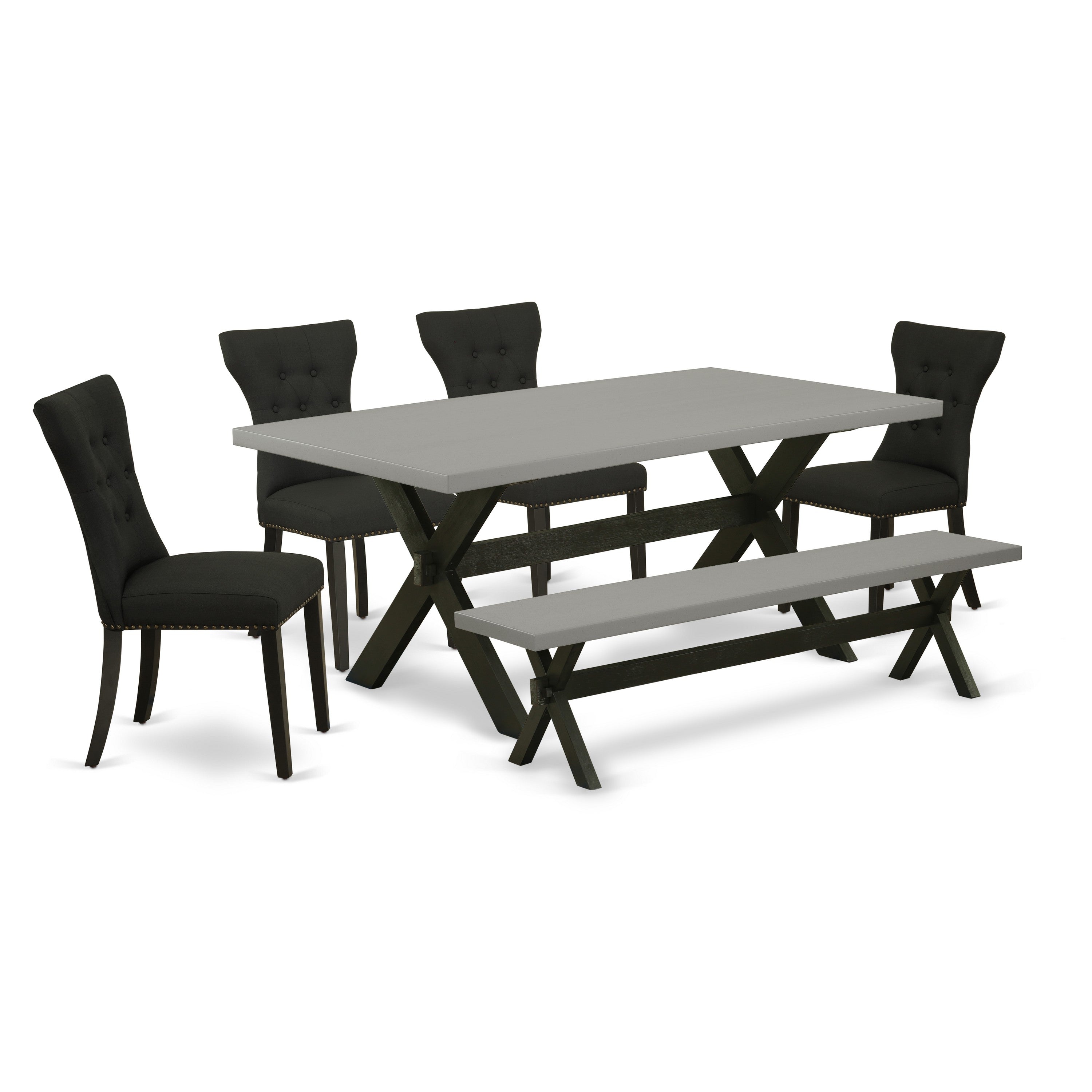EAST WEST FURNITURE - X697GA124-6 - 6-Pc Dining Set - 4 Dining Chairs, a Wooden Bench and 1 Kitchen Table (Wire Brushed Black Finish)