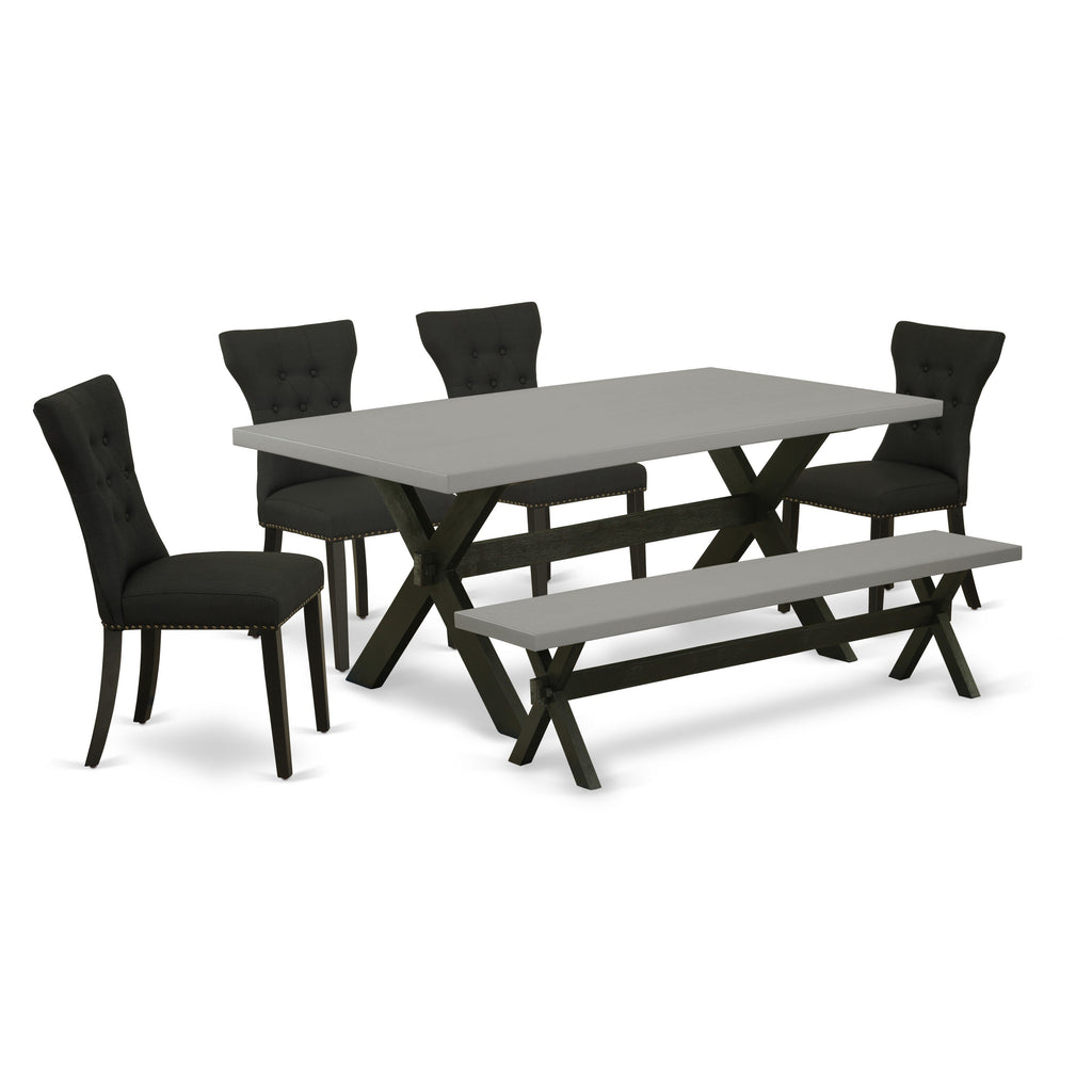 Juego de mesa de comedor de 6 piezas East West Furniture X697GA124-6. Contiene una mesa rectangular de madera con patas en forma de X y 4 sillas tapizadas en tela de lino negro con un banco.