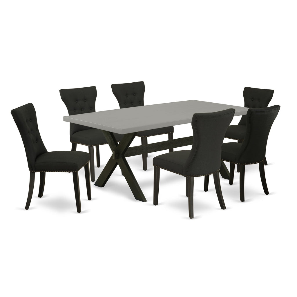 Juego de mesa de comedor East West Furniture X697GA124-7 de 7 piezas compuesto por una mesa de comedor rectangular con patas en forma de X y 6 sillas tapizadas en tela de lino negro.