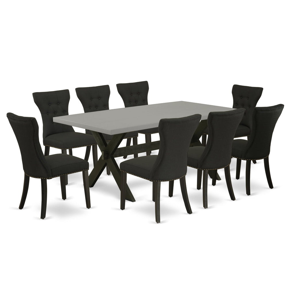Juego de comedor de 9 piezas East West Furniture X697GA124-9. Incluye una mesa de cocina rectangular con patas en forma de X y 8 sillas Parson tapizadas en tela de lino negro.