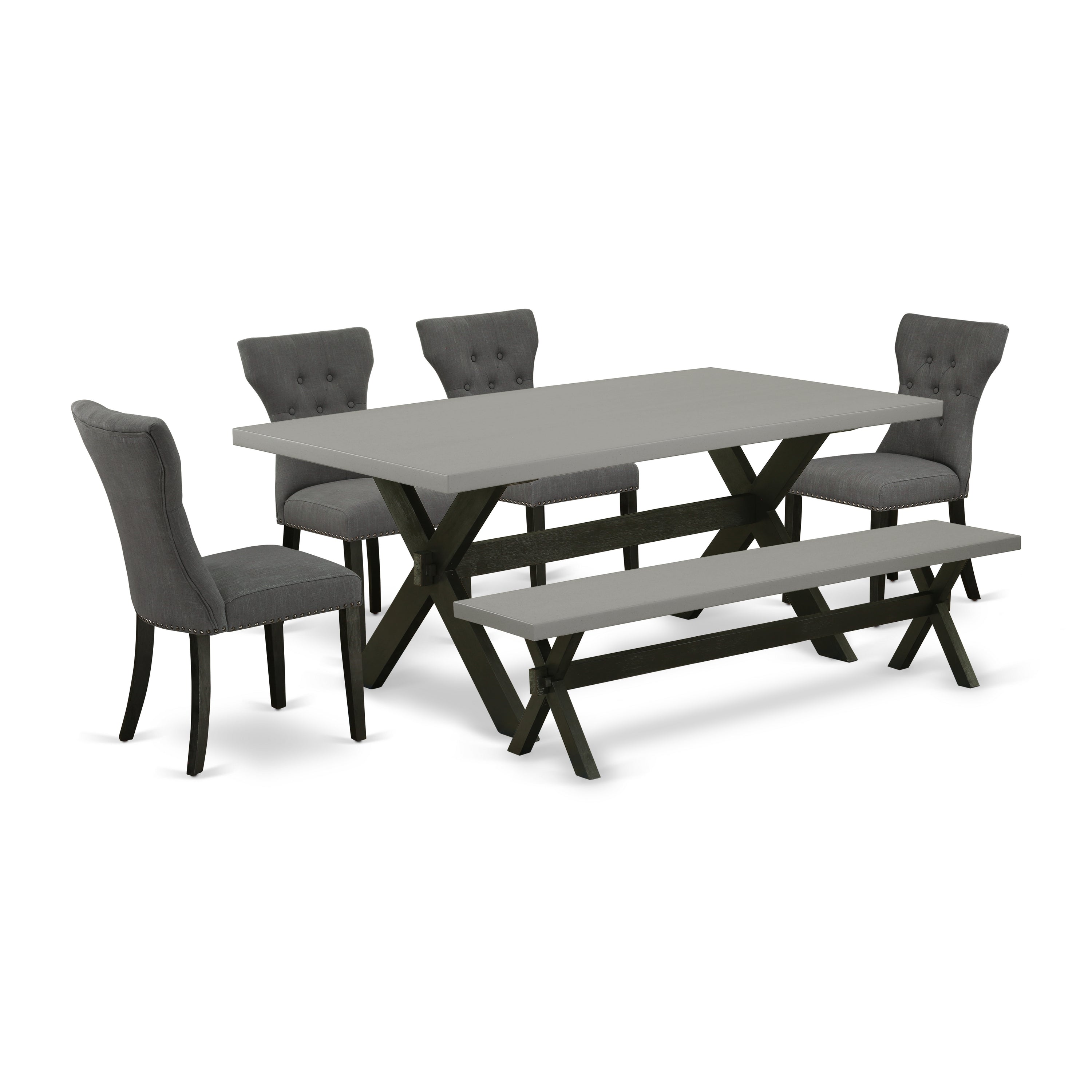 East West Furniture X697GA650-6 6-Pc Modern Dining Table Set a Fantastic Cement Color Kitchen Table top and a Gorgeous Bench and 4 beautiful Padded Parson Chairs with Button Tufted Chair Back, Wire Brushed Black Finish