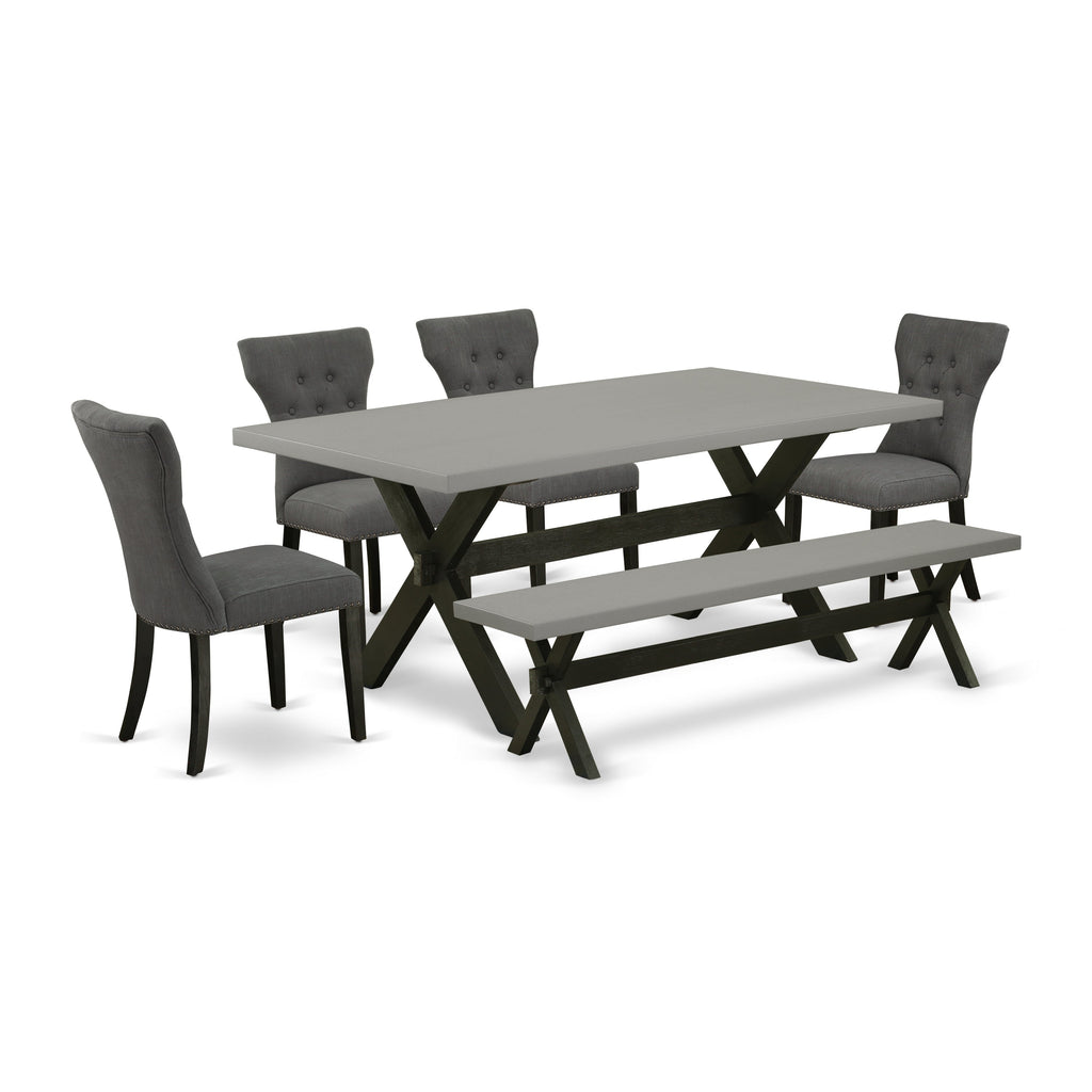 East West Furniture X697GA650-6 6 Piece Dining Set Contains a Rectangle Dining Room Table with X-Legs and 4 Dark Gotham Linen Fabric Parson Chairs with a Bench