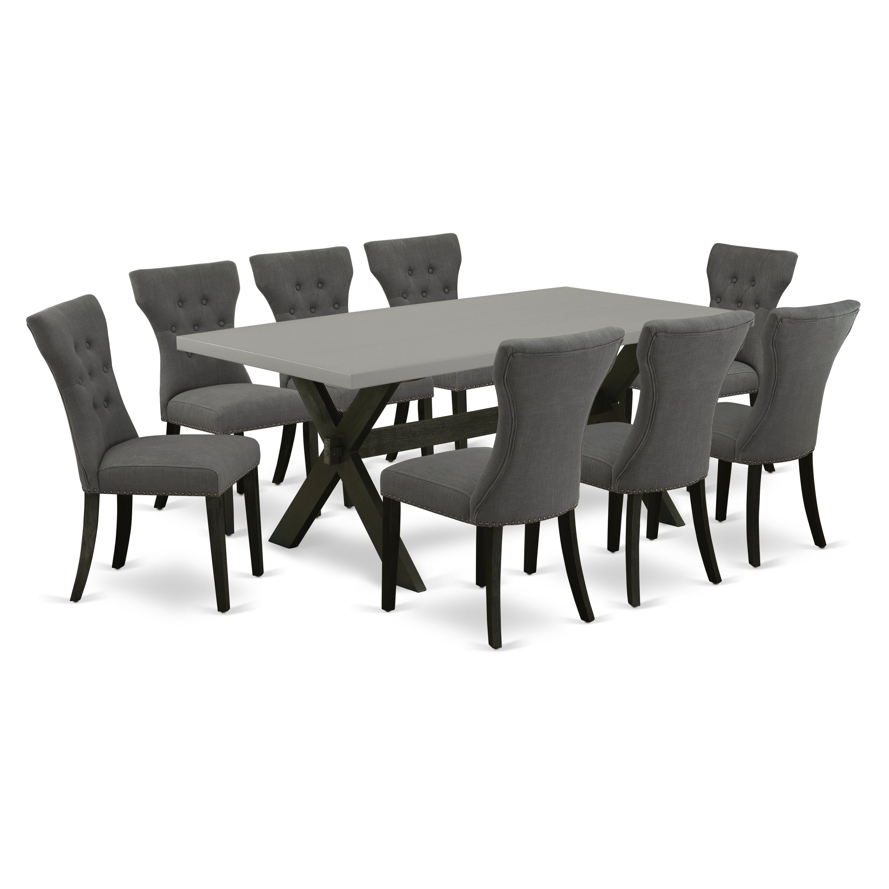 East West Furniture X697GA650-9 9-Pc Dining Set Excellent Cement Rectangular Table top and 8 Fantastic Parson� dining room chairs with Nail Heads and Stylish Button Tufted Chair Back, Wire Brushed Black Finish