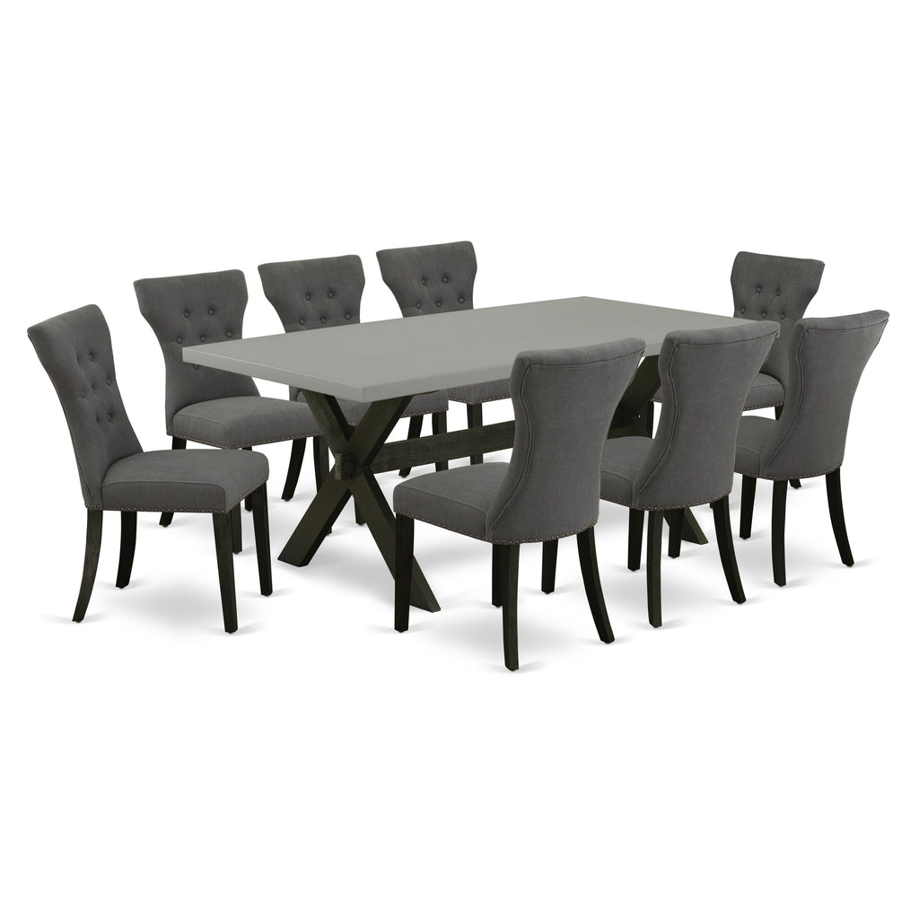 East West Furniture X697GA650-9 9 Piece Dining Room Set Includes a Rectangle Kitchen Table with X-Legs and 8 Dark Gotham Linen Fabric Upholstered Parson Chairs