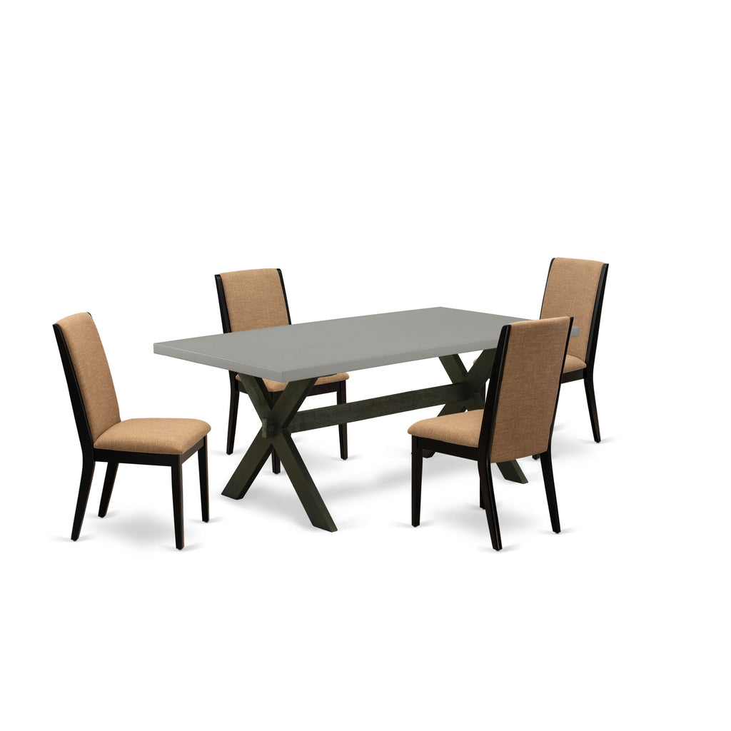 East West Furniture X697LA147-5 5 Piece Dining Room Table Set Includes a Rectangle Dining Table with X-Legs and 4 Light Sable Linen Fabric Upholstered Chairs