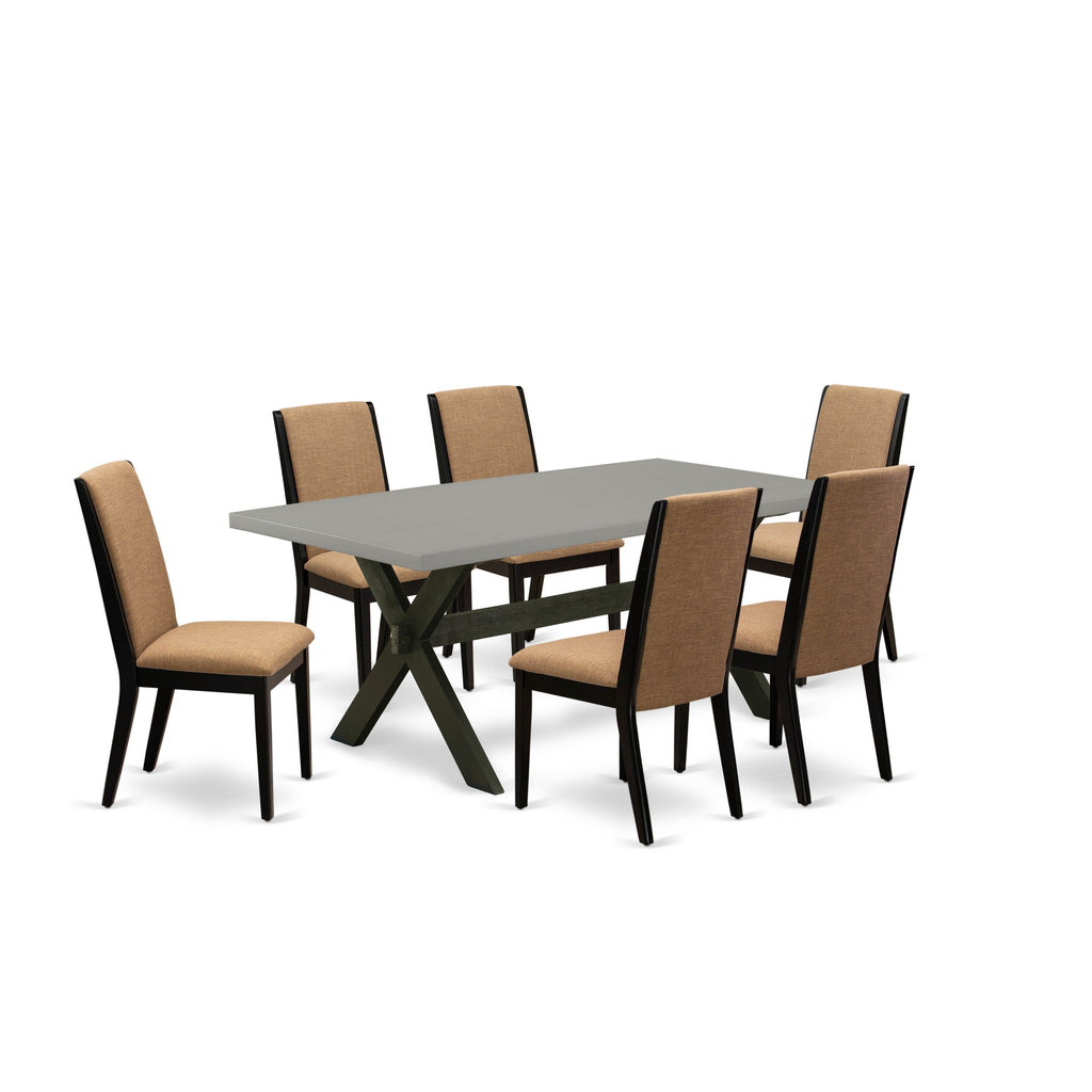 East West Furniture X697LA147-7 7 Piece Modern Dining Table Set Consist of a Rectangle Wooden Table with X-Legs and 6 Light Sable Linen Fabric Upholstered Chairs