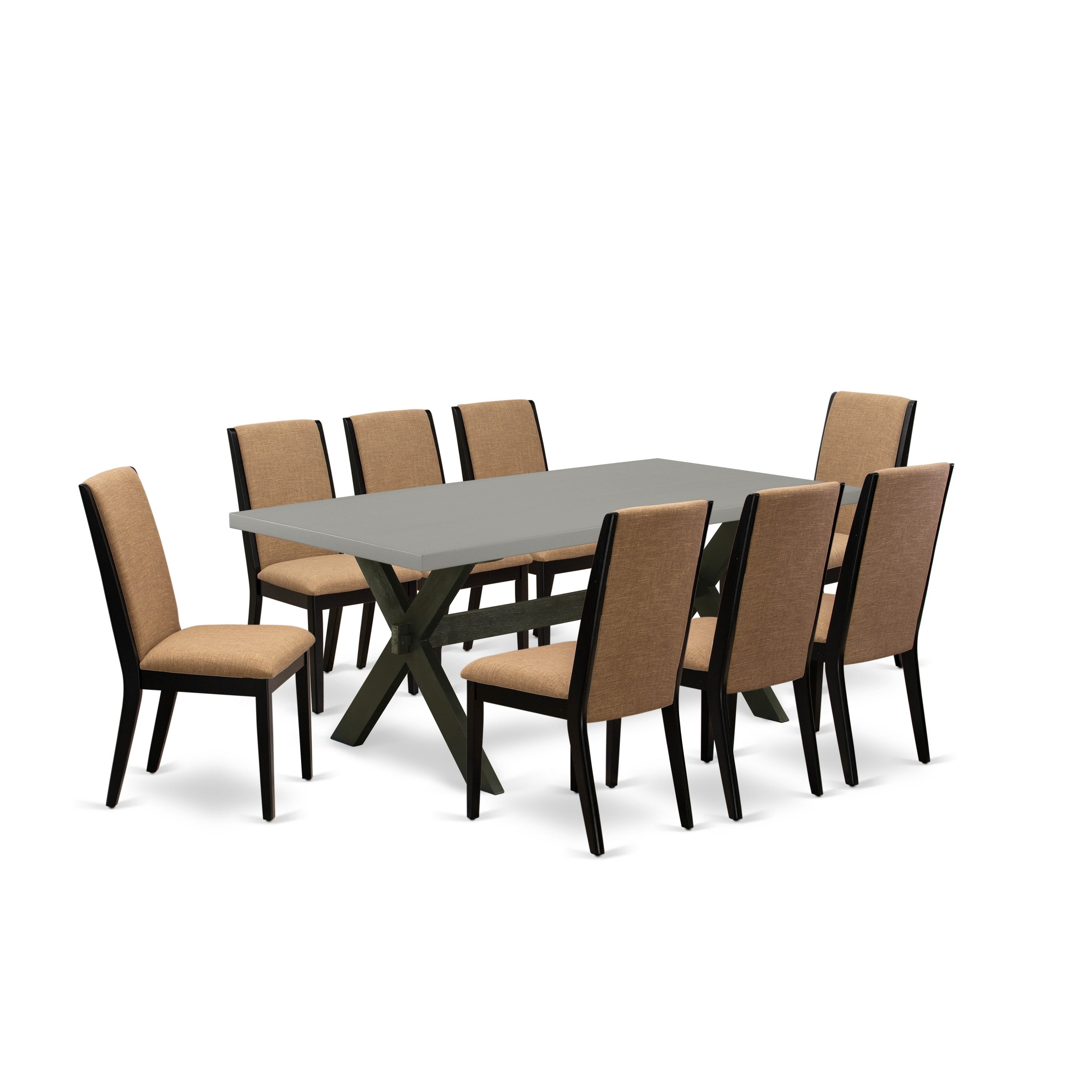 Juego de comedor de 9 piezas East West Furniture X697LA147-9. Incluye una mesa de comedor rectangular con patas en forma de X y 8 sillas tapizadas en tela de lino color sable claro.